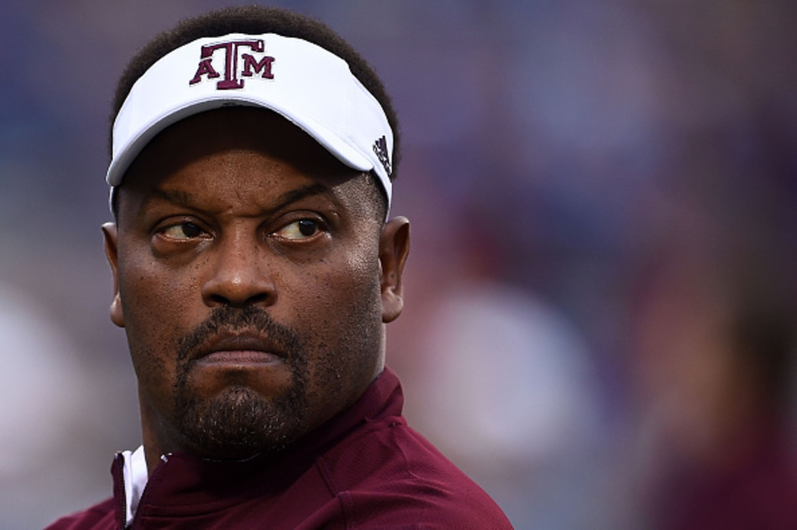 OXFORD, MS - OCTOBER 24:  Head coach Kevin Sumlin of the Texas A&M Aggies watches his team during warmups prior to a game against the Mississippi Rebels at Vaught-Hemingway Stadium on October 24, 2015 in Oxford, Mississippi. Mississippi defeated Texas A&M