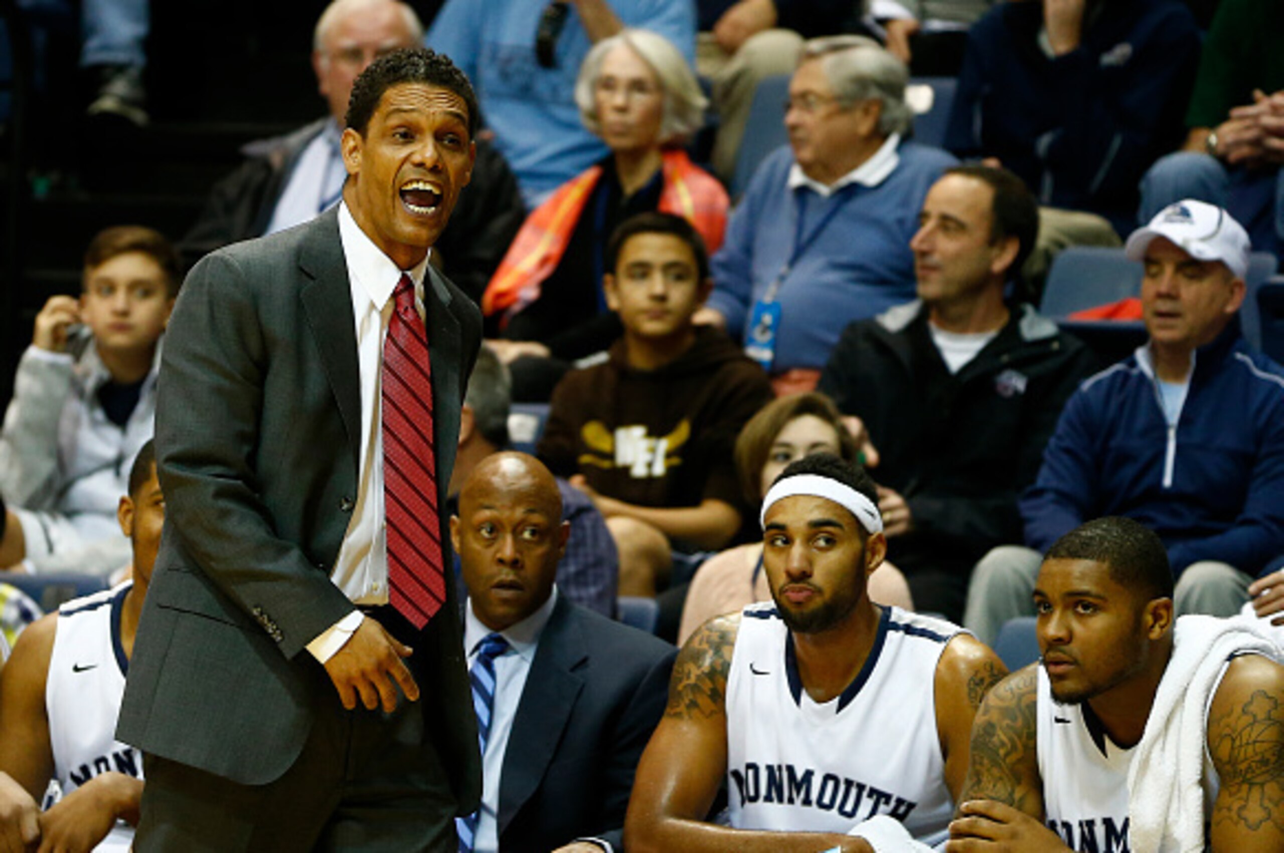 WEST LONG BRANCH, NJ - JANUARY 9: Head coach King Rice of the Monmouth Hawks questions a call during the first half against the Quinnipiac Bobcats in a college basketball game at the MAC on January 9, 2016 in West Long Branch, New Jersey. Monmouth won 88- WEST LONG BRANCH, NJ - JANUARY 9: Head coach King Rice of the Monmouth Hawks questions a call during the first half against the Quinnipiac Bobcats in a college basketball game at the MAC on January 9, 2016 in West Long Branch, New Jersey. Monmouth won 88-