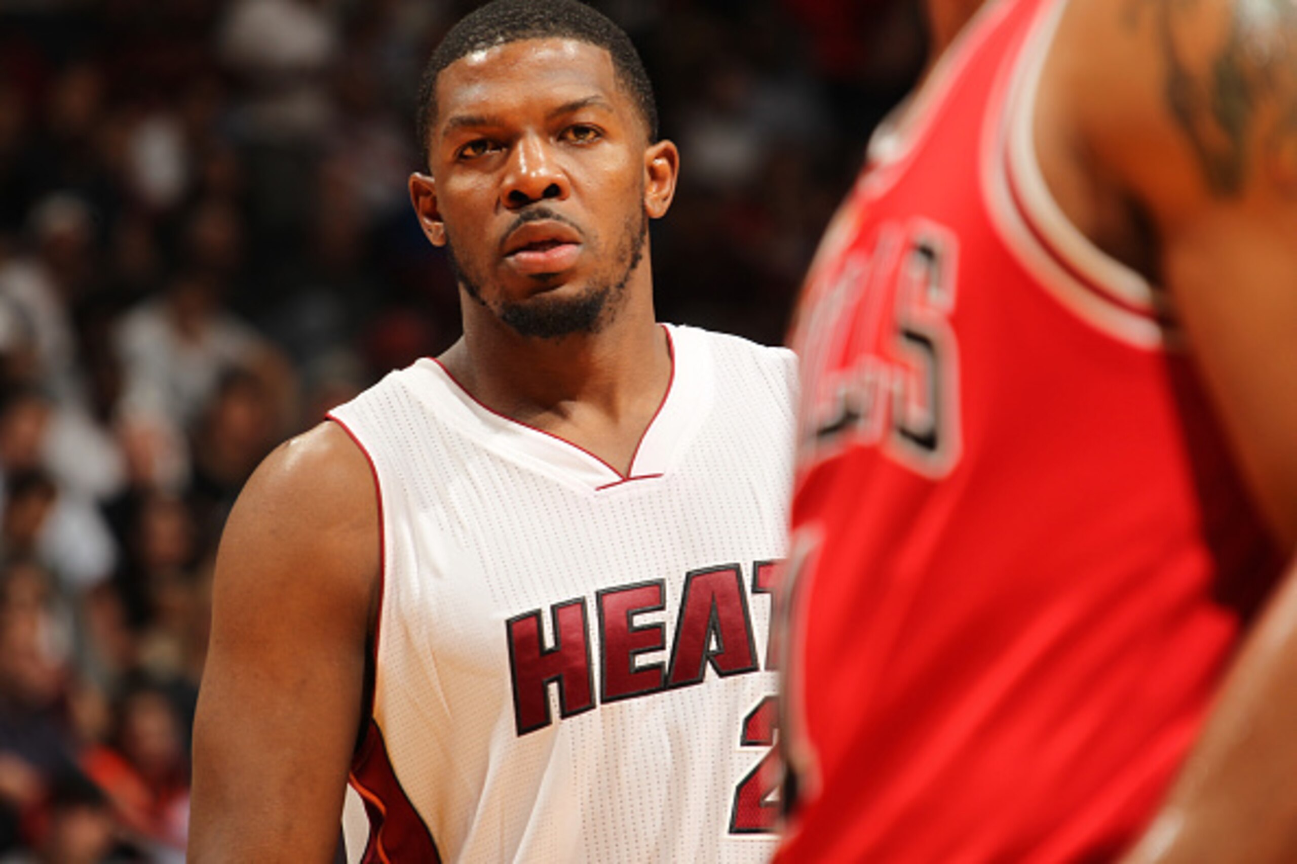 MIAMI, FL - MARCH 1: Joe Johnson #2 of the Miami Heat during the game against the Chicago Bulls on March 1, 2016 at American Airlines Arena in Miami, Florida. NOTE TO USER: User expressly acknowledges and agrees that, by downloading and or using this Phot
