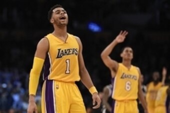 Mar 1, 2016; Los Angeles, CA, USA; Los Angeles Lakers guard D Angelo Russell (1) reacts during the fourth quarter against the Brooklyn Nets at Staples Center. The Los Angeles Lakers won 107-101. Mandatory Credit: Kelvin Kuo-USA TODAY Sports