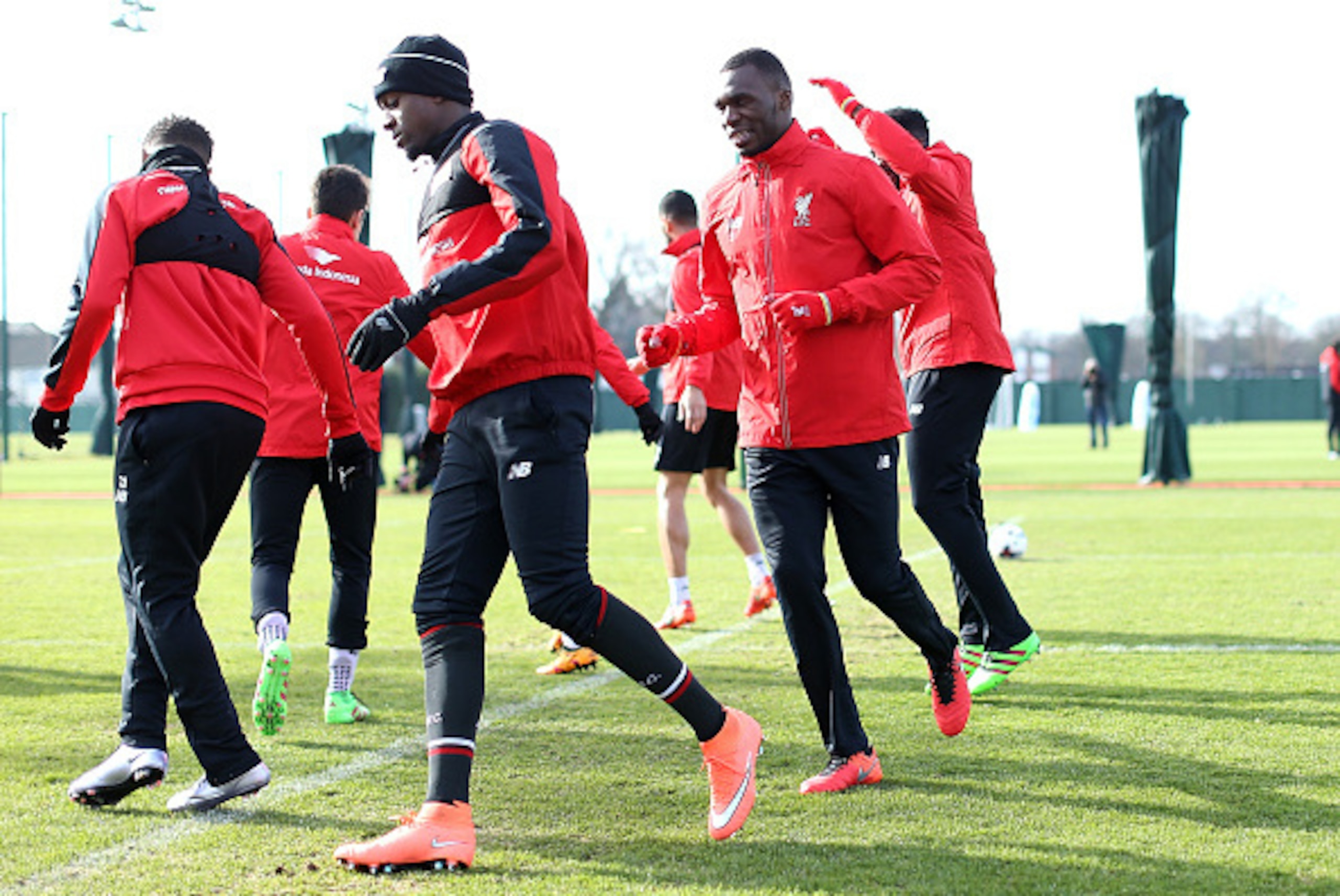 LIVERPOOL, ENGLAND - FEBRUARY 26:  Christian Benteke in action during a training session ahead of their Capital One Cup final match against Manchester City at Melwood Training Ground on February 26, 2016 in Liverpool, United Kingdom.  (Photo by Jan Kruger