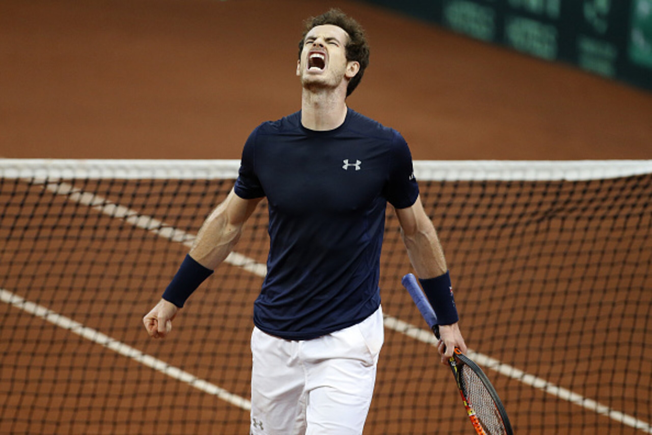 GHENT, BELGIUM - NOVEMBER 29: Andy Murray of Great Britain celebrates a point against David Goffin of Belgium during day three of the Davis Cup Final 2015 between Belgium and Great Britain at Flanders Expo on November 29, 2015 in Ghent, Belgium. (Photo by