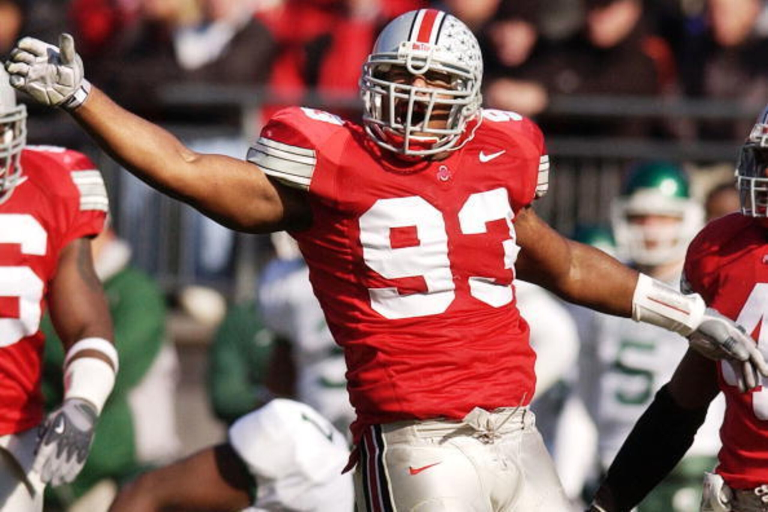 COLUMBUS, OH - NOVEMBER 8: Will Smith #93 of the Ohio State Buckeyes celebrates making a play against the Michigan State Spartans during the first quarter on November 8, 2003 at Ohio Stadium in Columbus, Ohio. Ohio State defeated Michigan State 33-23. ( COLUMBUS, OH - NOVEMBER 8: Will Smith #93 of the Ohio State Buckeyes celebrates making a play against the Michigan State Spartans during the first quarter on November 8, 2003 at Ohio Stadium in Columbus, Ohio. Ohio State defeated Michigan State 33-23. (