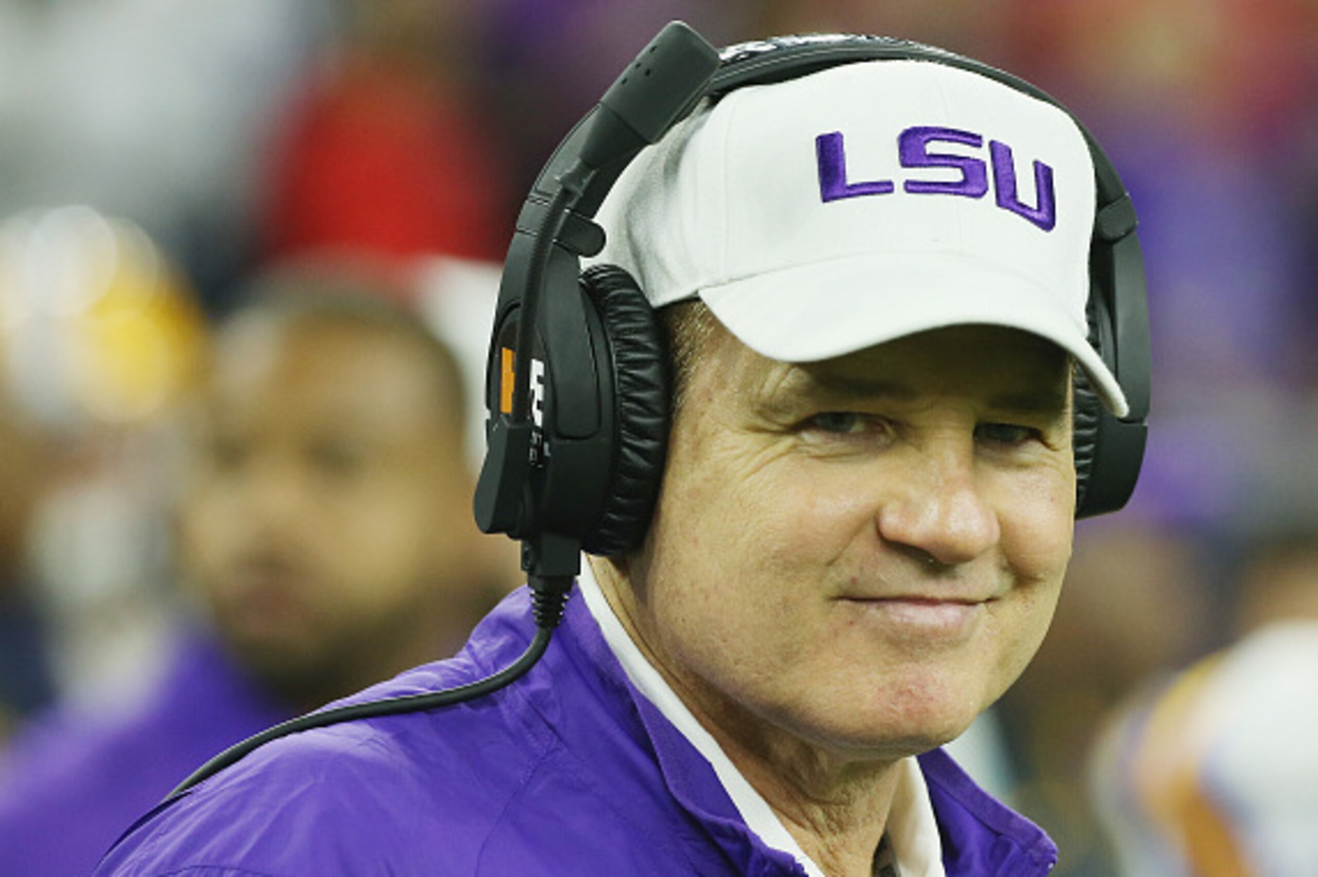 HOUSTON, TX - DECEMBER 29:  Head coach Les Miles of the LSU Tigers waits near the bench area before the start of their game against the Texas Tech Red Raiders during the AdvoCare V100 Texas Bowl at NRG Stadium on December 29, 2015 in Houston, Texas.  (Pho