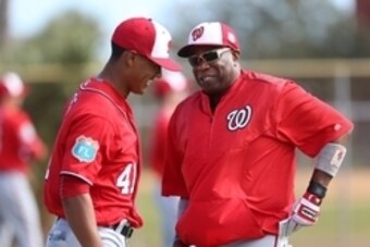 Feb 23, 2016; Viera, FL, USA; Washington Nationals starting pitcher Joe Ross (41) and head coach Dusty Baker talk during a work out at Space Coast Stadium. Mandatory Credit: Logan Bowles-USA TODAY Sports Feb 23, 2016; Viera, FL, USA; Washington Nationals starting pitcher Joe Ross (41) and head coach Dusty Baker talk during a work out at Space Coast Stadium. Mandatory Credit: Logan Bowles-USA TODAY Sports