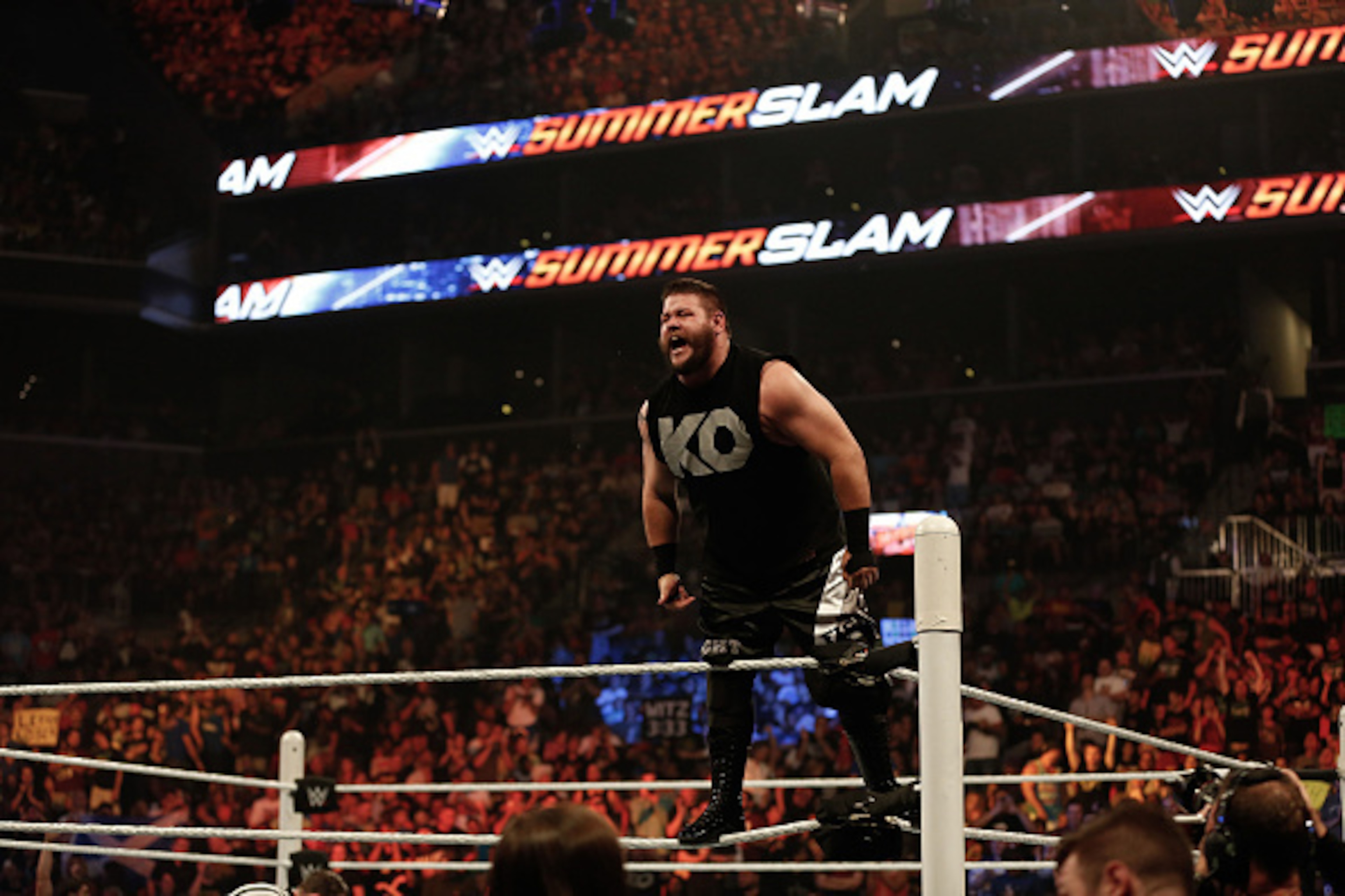 NEW YORK, NY - AUGUST 23:  Kevin Owens celebrates his victory over Cesaro at the WWE SummerSlam 2015 at Barclays Center of Brooklyn on August 23, 2015 in New York City.  (Photo by JP Yim/Getty Images)