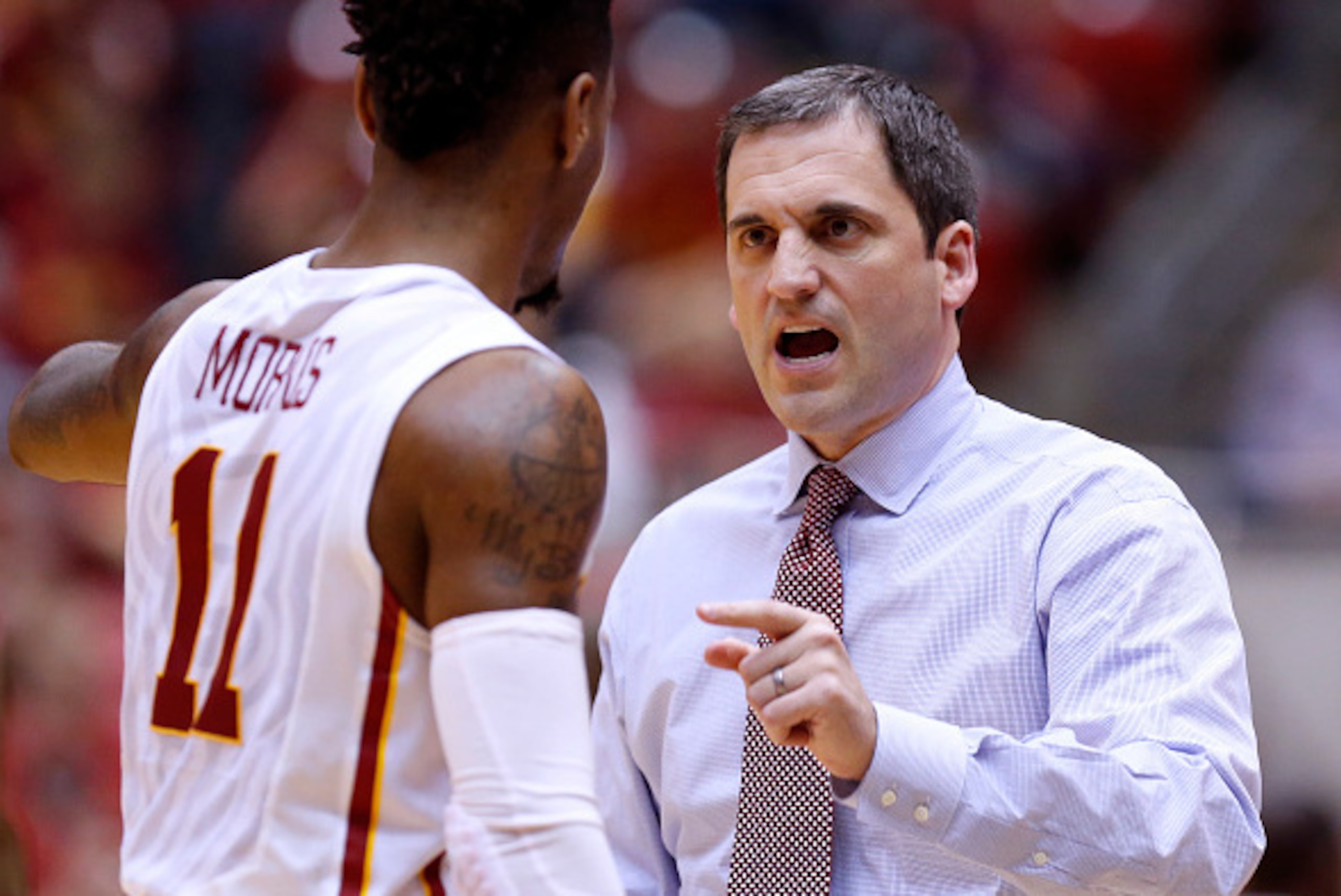 AMES, IA - DECEMBER 13: Head coach Steve Prohm of the Iowa State Cyclones coaches with Monte Morris #11 of the Iowa State Cyclones during a time out in the second half of play against the Arkansas-Pine Bluff Golden Lions at Hilton Coliseum on December 13,