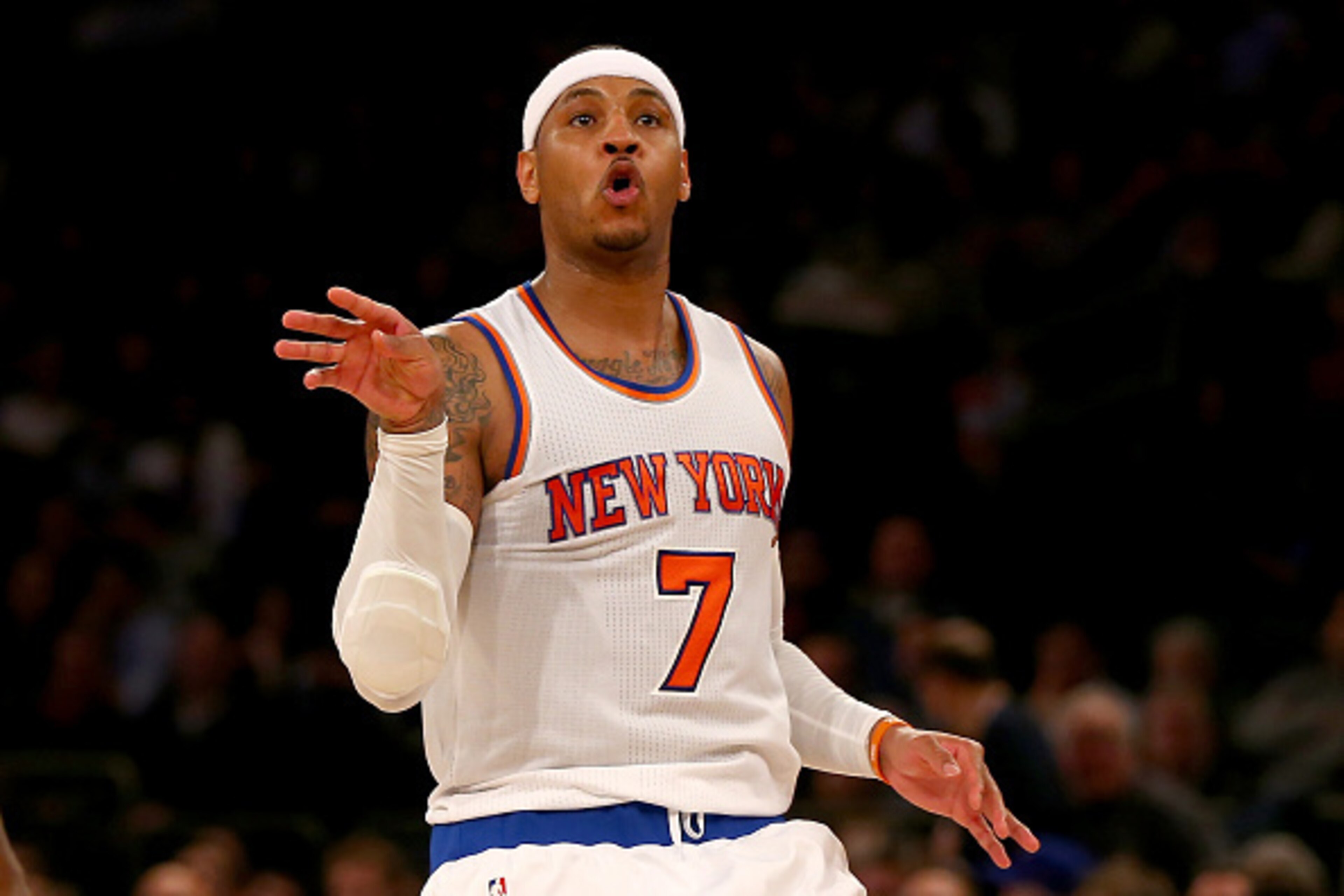 NEW YORK, NY - MARCH 01:  Carmelo Anthony #7 of the New York Knicks reacts after he missed a shot in the second half against the Portland Trail Blazers at Madison Square Garden on March 1, 2016 in New York City.The Portland Trail Blazers defeated the New 
