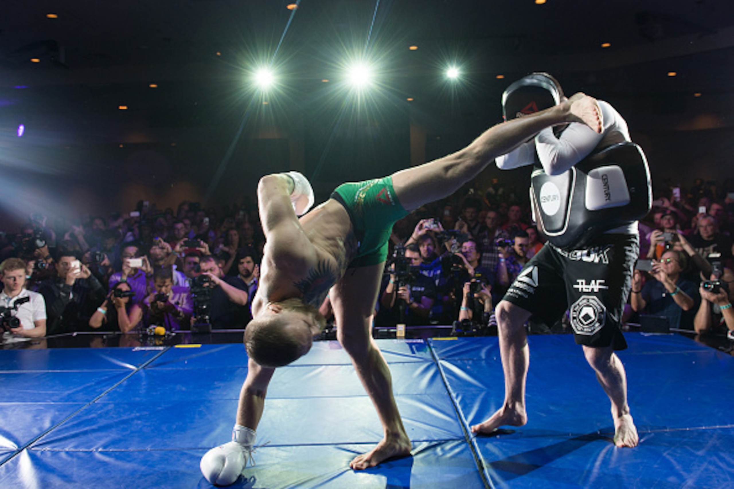 LAS VEGAS, NV - MARCH 2:   UFC featherweight champion Conor McGregor holds an open training session for fans and media at the  Jabbawockeez Theater in the MGM Grand Hotel/Casino on March 2, 2016 in Las Vegas, Nevada. (Photo by Brandon Magnus/Zuffa LLC/Zuf