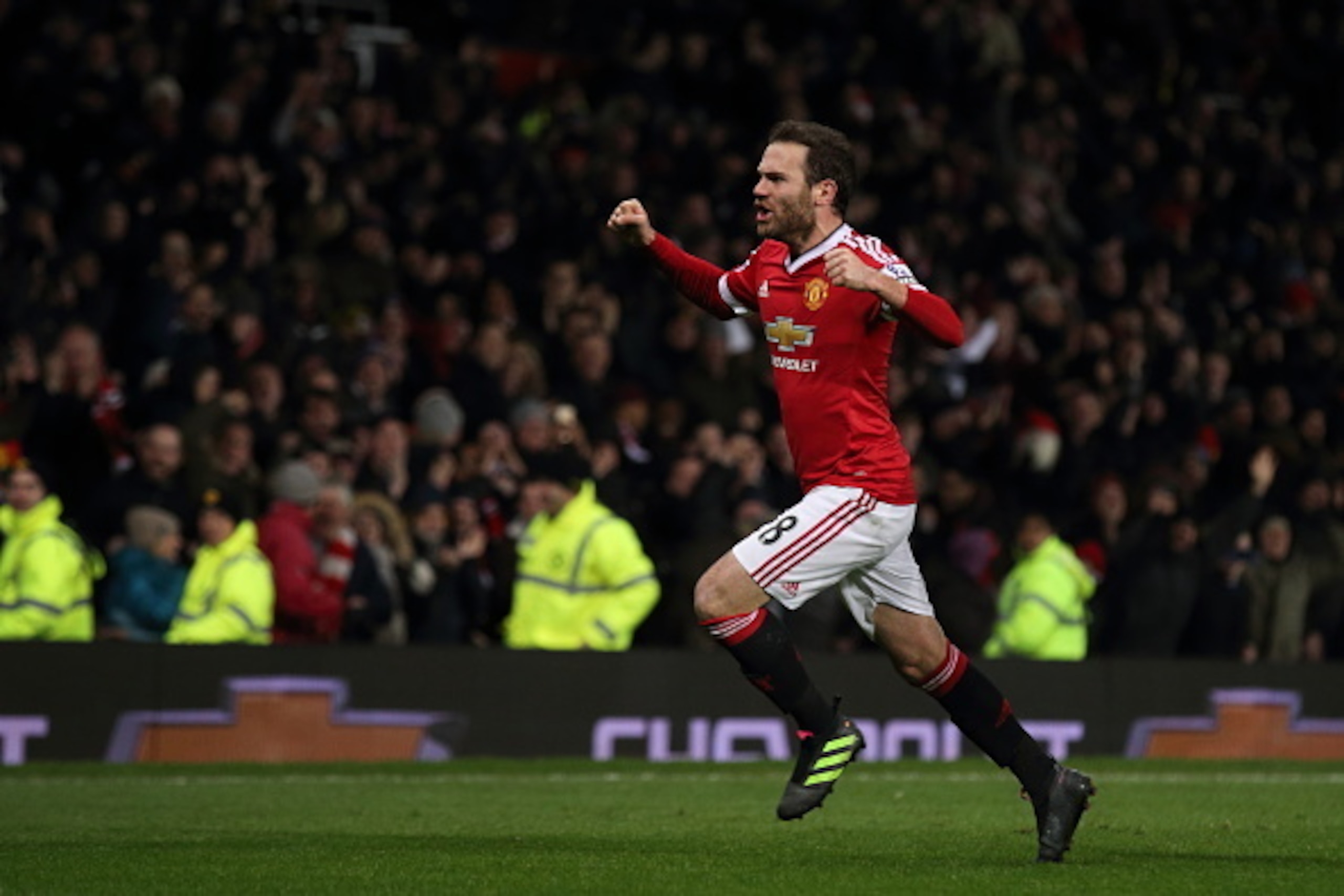 MANCHESTER, ENGLAND - MARCH 02:  Juan Mata of Manchester United celebrates after scoring a goal to make it 1-0 during the Barclays Premier League match between Manchester United and Watford at Old Trafford on March 02, 2016 in Manchester, England.  (Photo