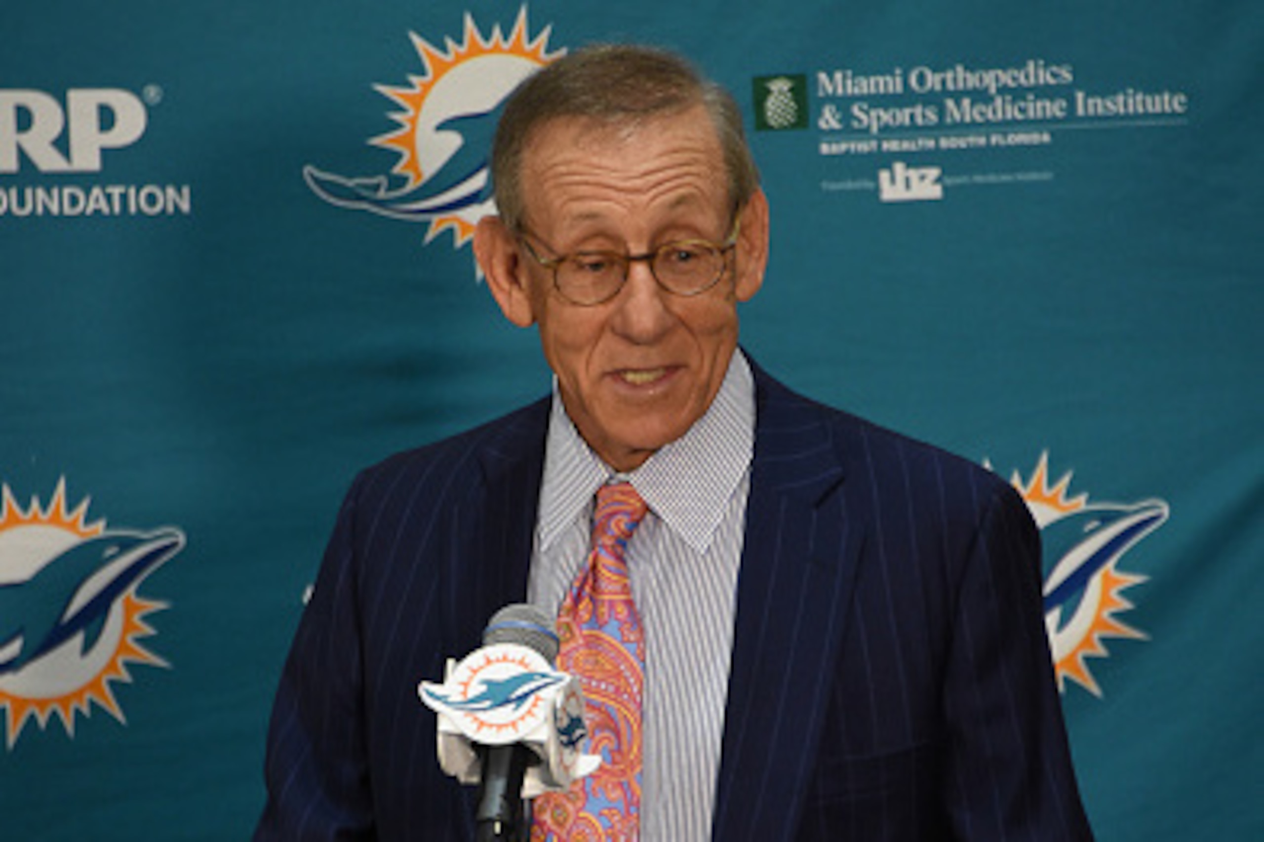 DAVIE, FL - JANUARY 09:  Miami Dolphins owner Stephen Ross introduces Adam Gase as their new head coach on January 9, 2016 in Davie, Florida.  (Photo by Ron Elkman/Sports Imagery/Getty Images)