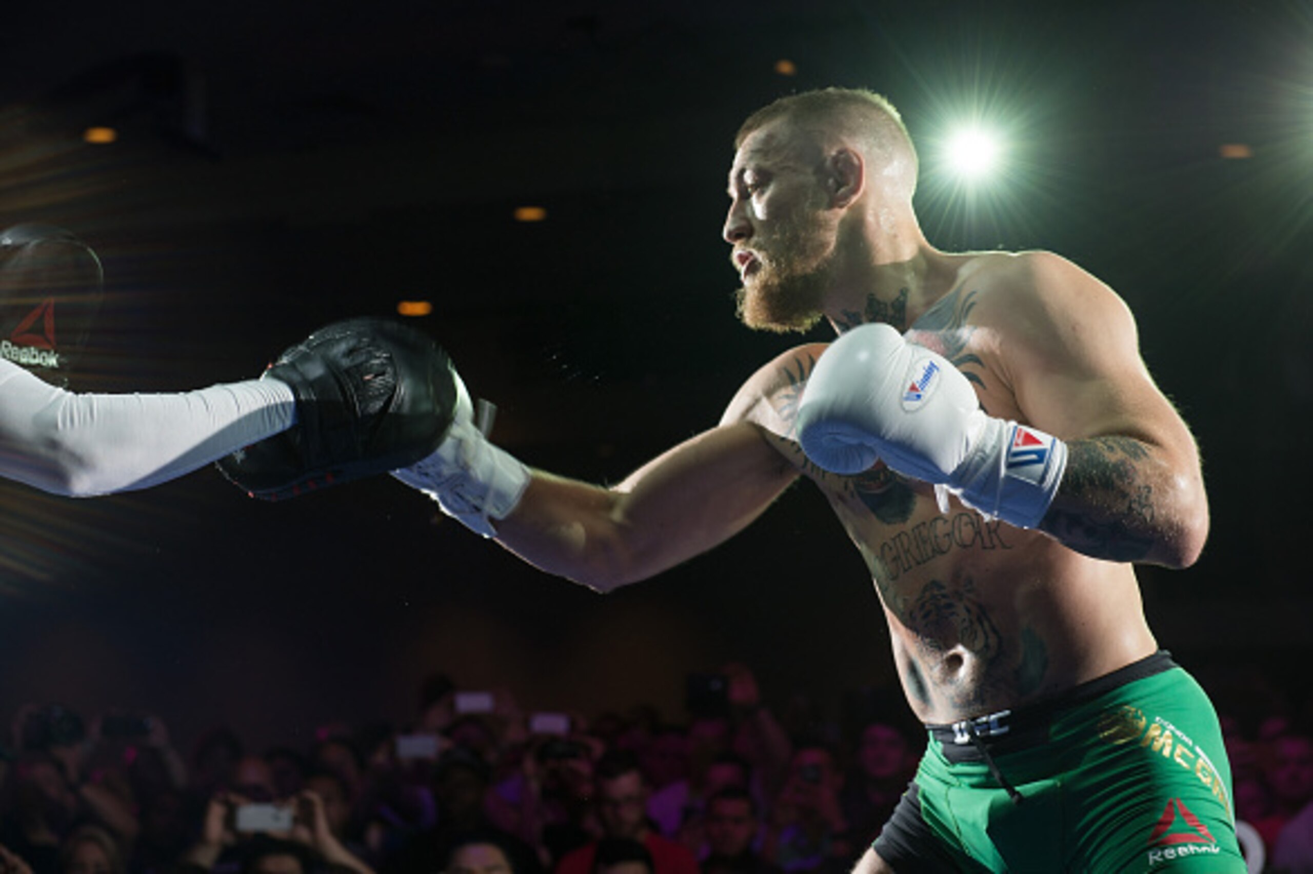 LAS VEGAS, NV - MARCH 2:   UFC featherweight champion Conor McGregor holds an open training session for fans and media at the  Jabbawockeez Theater in the MGM Grand Hotel/Casino on March 2, 2016 in Las Vegas, Nevada. (Photo by Brandon Magnus/Zuffa LLC/Zuf