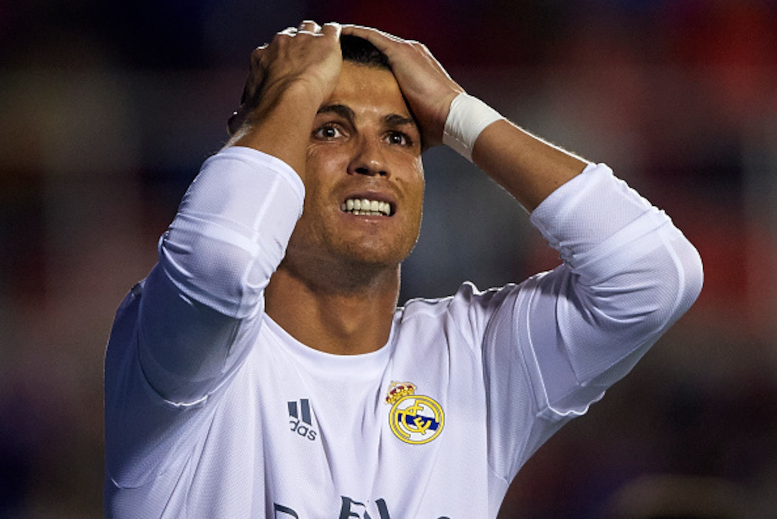 VALENCIA, SPAIN - MARCH 02:  Cristiano Ronaldo of Real Madrid reacts during the La Liga match between Levante UD and Real Madrid at Ciutat de Valencia on March 02, 2016 in Valencia, Spain.  (Photo by Manuel Queimadelos Alonso/Getty Images)