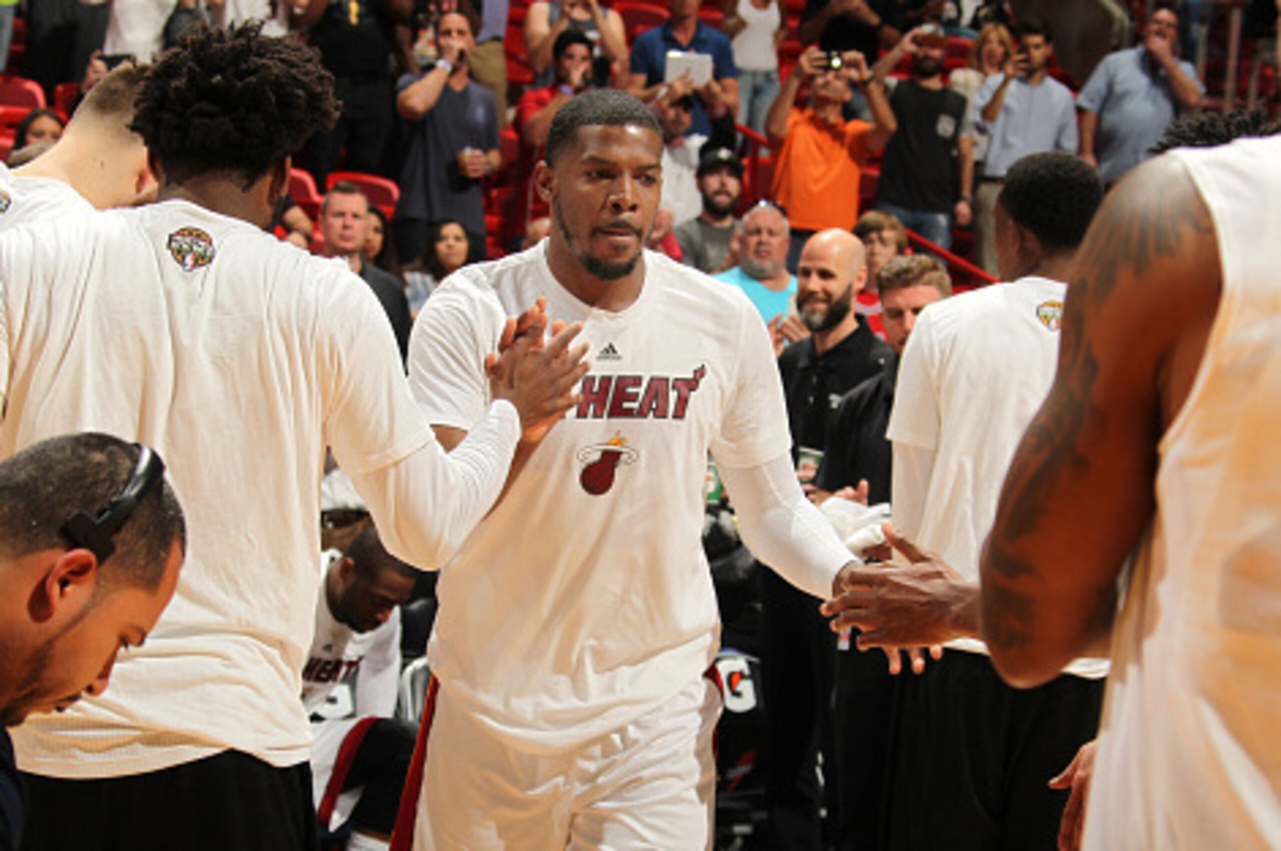 MIAMI, FL - MARCH 1: Joe Johnson #2 of the Miami Heat is introduced before the game against the Chicago Bulls on March 1, 2016 at American Airlines Arena in Miami, Florida. NOTE TO USER: User expressly acknowledges and agrees that, by downloading and or u