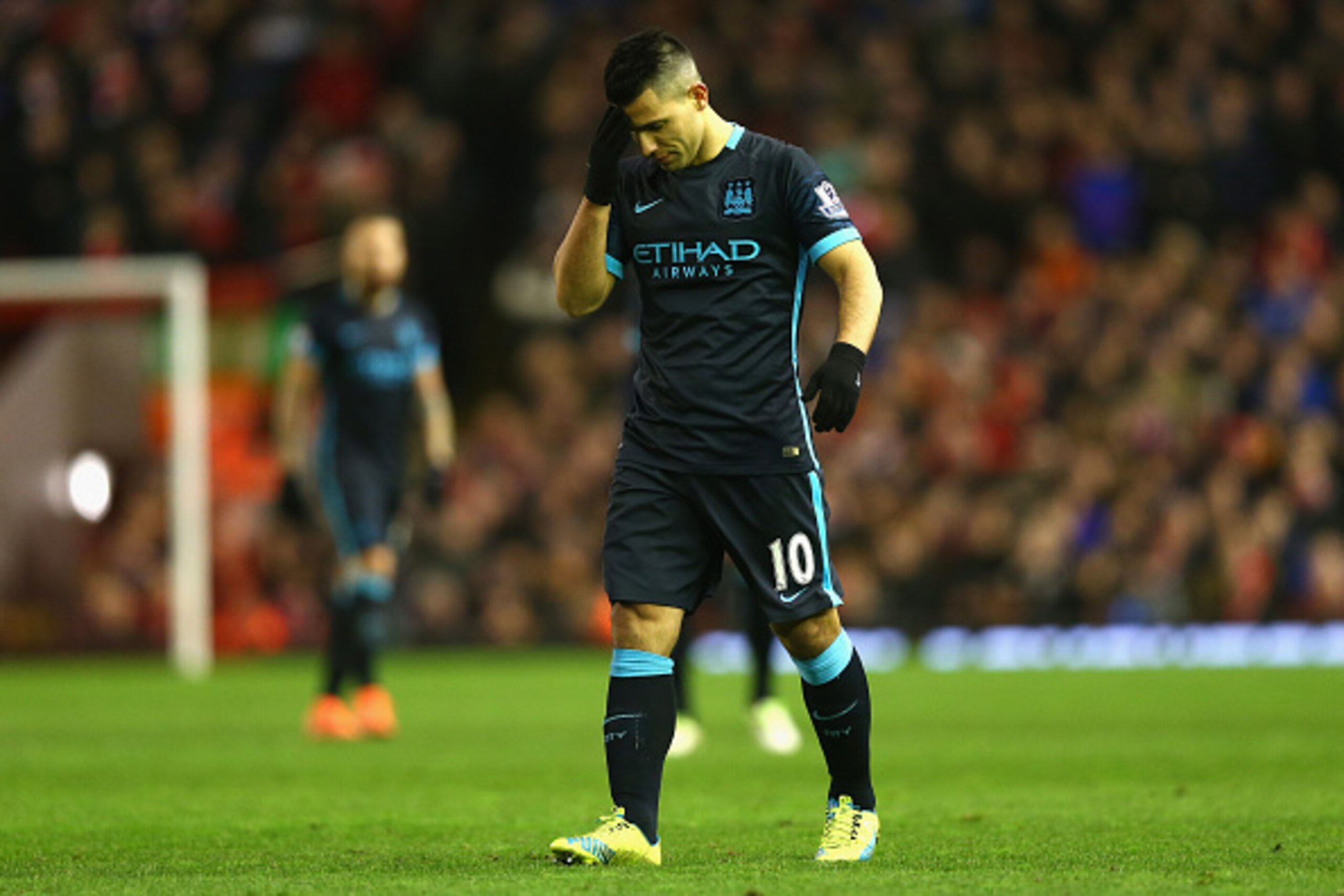 LIVERPOOL, ENGLAND - MARCH 02:  Sergio Aguero of Manchester City stands dejected during the Barclays Premier League match between Liverpool and Manchester City at Anfield on March 2, 2016 in Liverpool, England.  (Photo by Clive Brunskill/Getty Images)