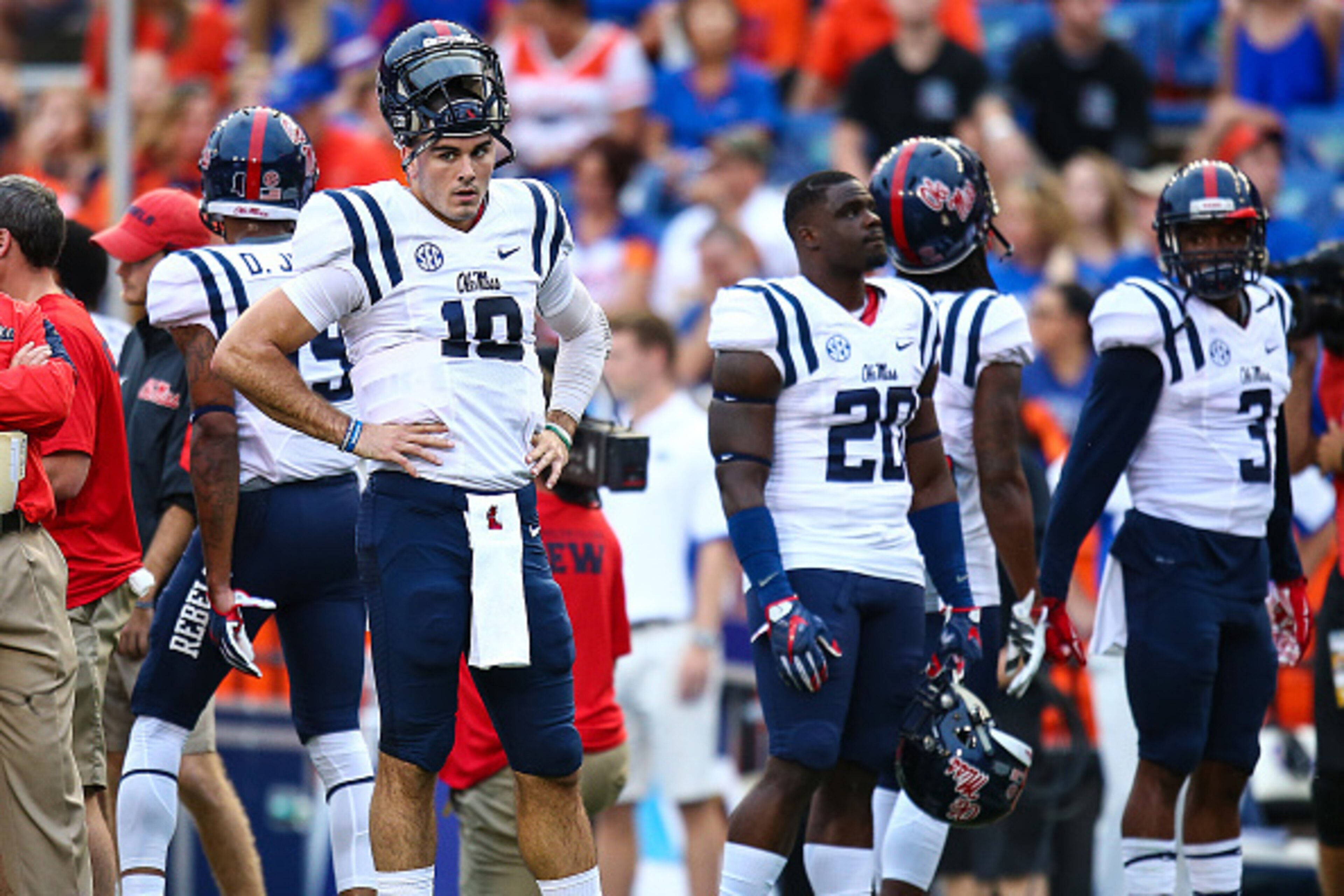 GAINESVILLE, FL - OCTOBER 03: Chad Kelly #10 of the Mississippi Rebels looks on before the game against the Florida Gators on October 3, 2015 in Gainesville, Florida.  (Photo by Rob Foldy/Getty Images)