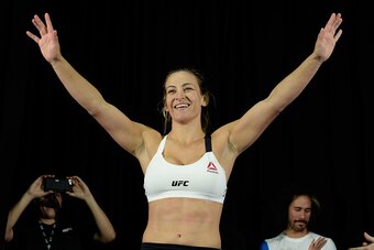 LAS VEGAS, NV - MARCH 2:   Miesha Tate holds an open training session for fans and media at the  Jabbawockeez Theater in the MGM Grand Hotel/Casino on March 2, 2016 in Las Vegas, Nevada. (Photo by Brandon Magnus/Zuffa LLC/Zuffa LLC via Getty Images)