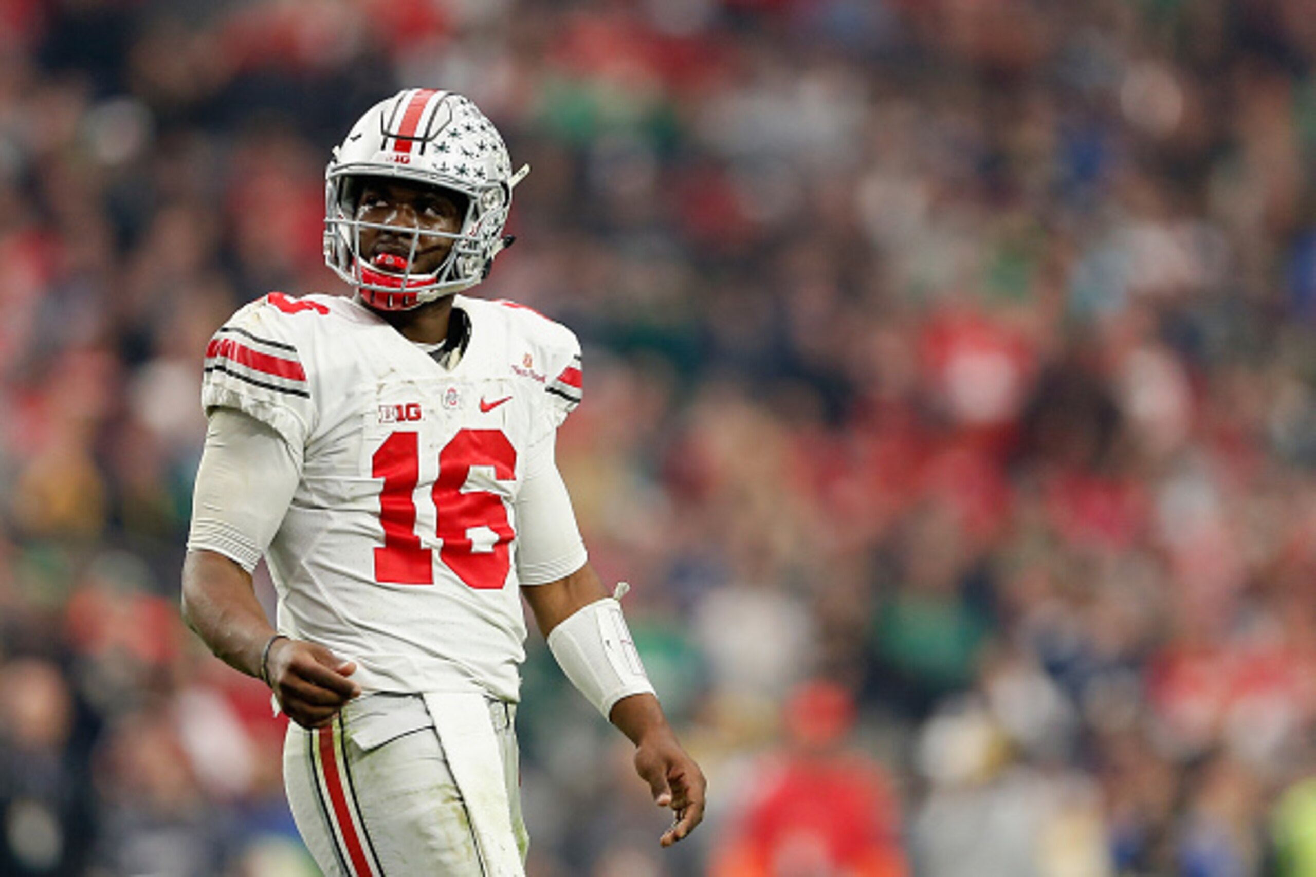 GLENDALE, AZ - JANUARY 01:  Quarterback J.T. Barrett #16 of the Ohio State Buckeyes during the BattleFrog Fiesta Bowl against the Notre Dame Fighting Irish at University of Phoenix Stadium on January 1, 2016 in Glendale, Arizona. The Buckeyes defeated the