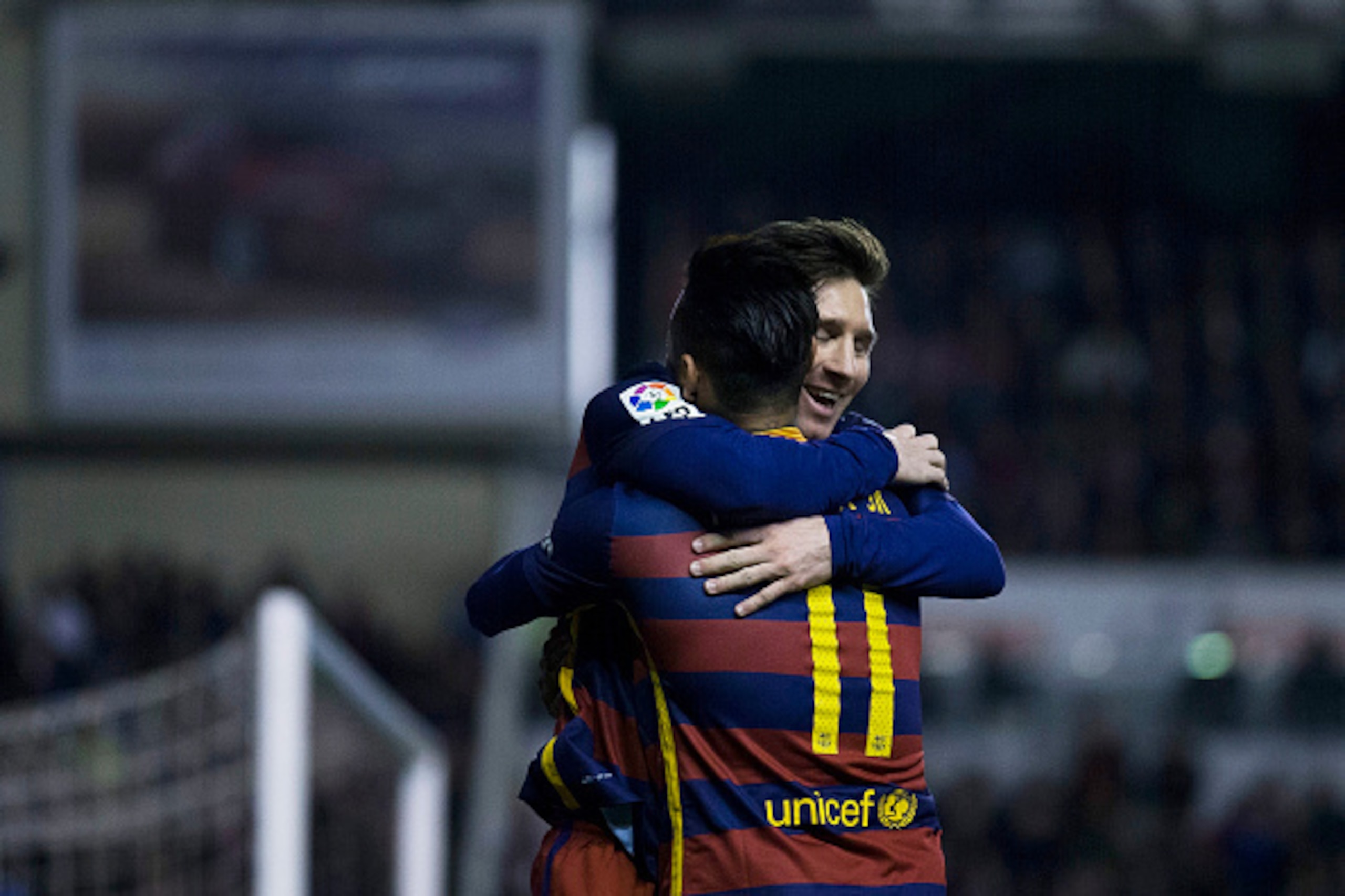 MADRID, SPAIN - MARCH 03:  Lionel Messi (R)  of FC Barcelona celebrates scoring their second goal with teammate Neymar JR. (L) during the La Liga match between Rayo Vallecano de Madrid and FC Barcelona at Estadio de Vallecas on March 3, 2016 in Madrid, Sp