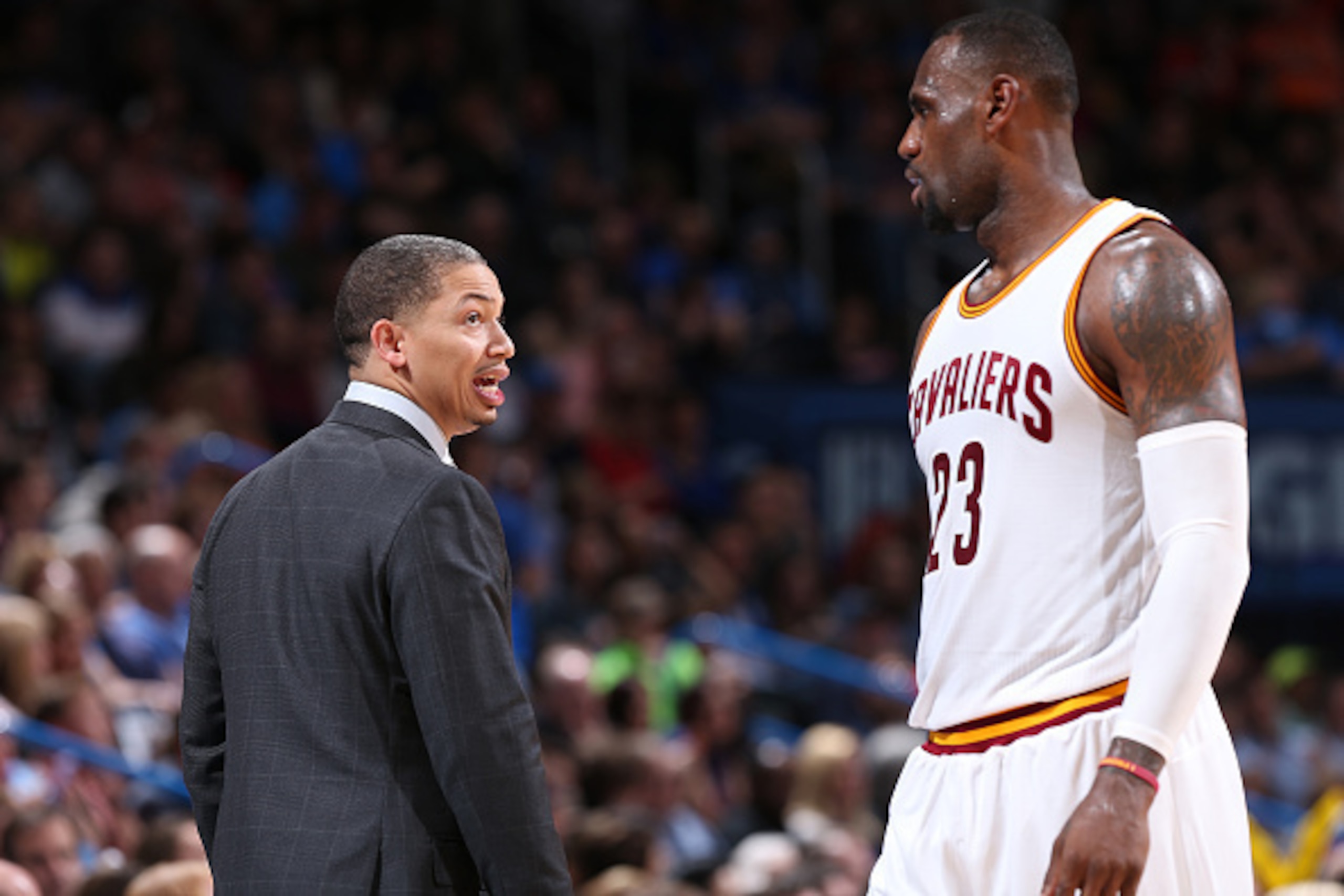 OKLAHOMA CITY, OK- FEBRUARY 21:  Head coach Tyronn Lue of the Cleveland Cavaliers talks with LeBron James #23 of the Cleveland Cavaliers during the game against the Oklahoma City Thunder on February 21, 2016 at Chesapeake Energy Arena in Oklahoma City, Ok