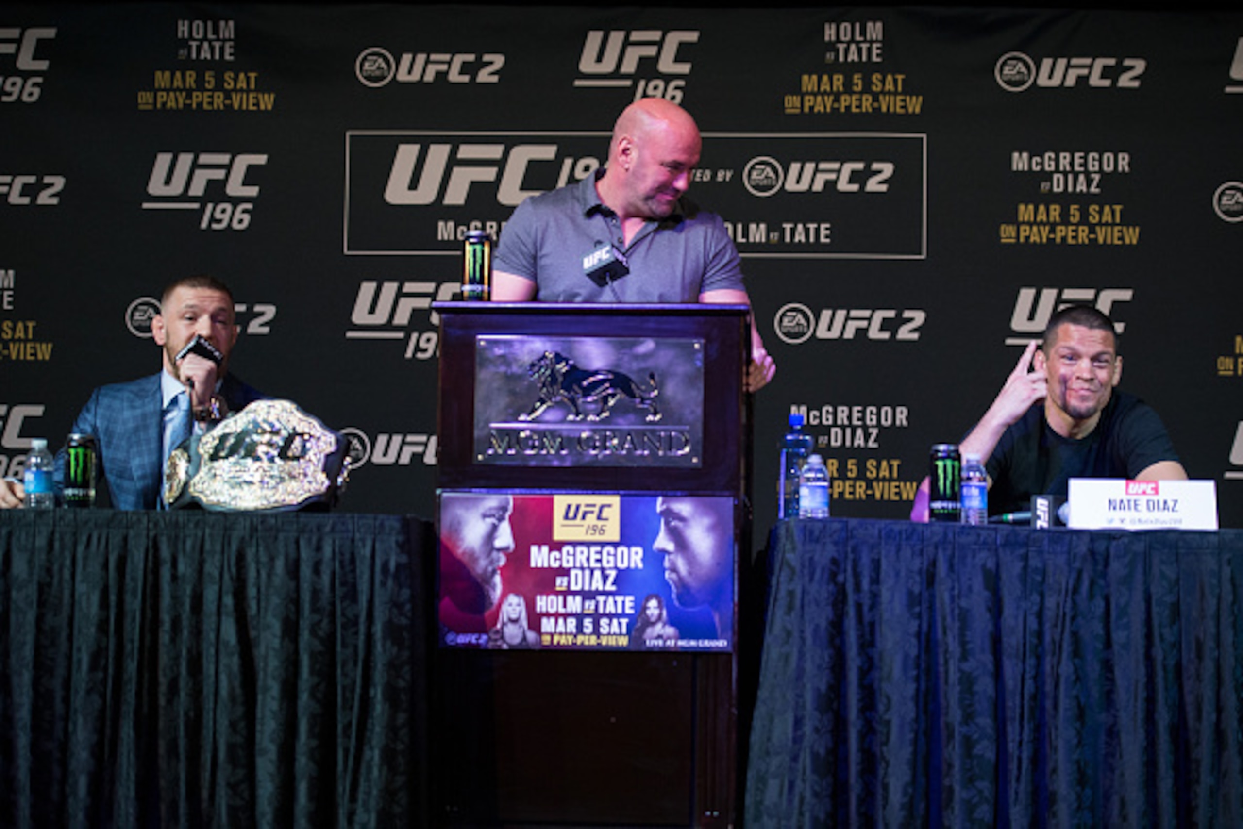 LAS VEGAS, NV - MARCH 3:   (L-R) UFC featherweight champion Conor McGregor and Nate Diaz speak to the media during the UFC 196 Press Conference at David Copperfield Theater in the MGM Grand Hotel/Casino on March 3, 2016 in Las Vegas, Nevada. (Photo by Bra