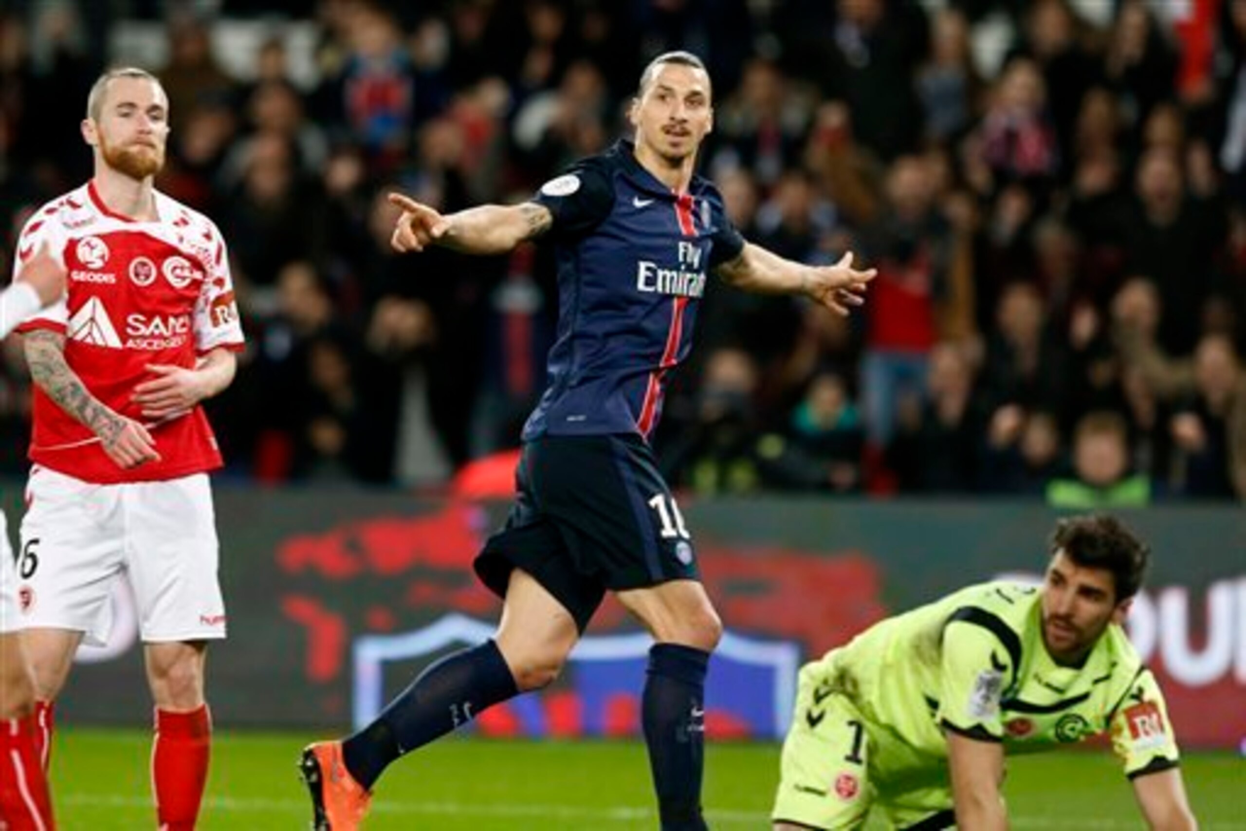 Ibrahimovic celebrates another Paris goal.