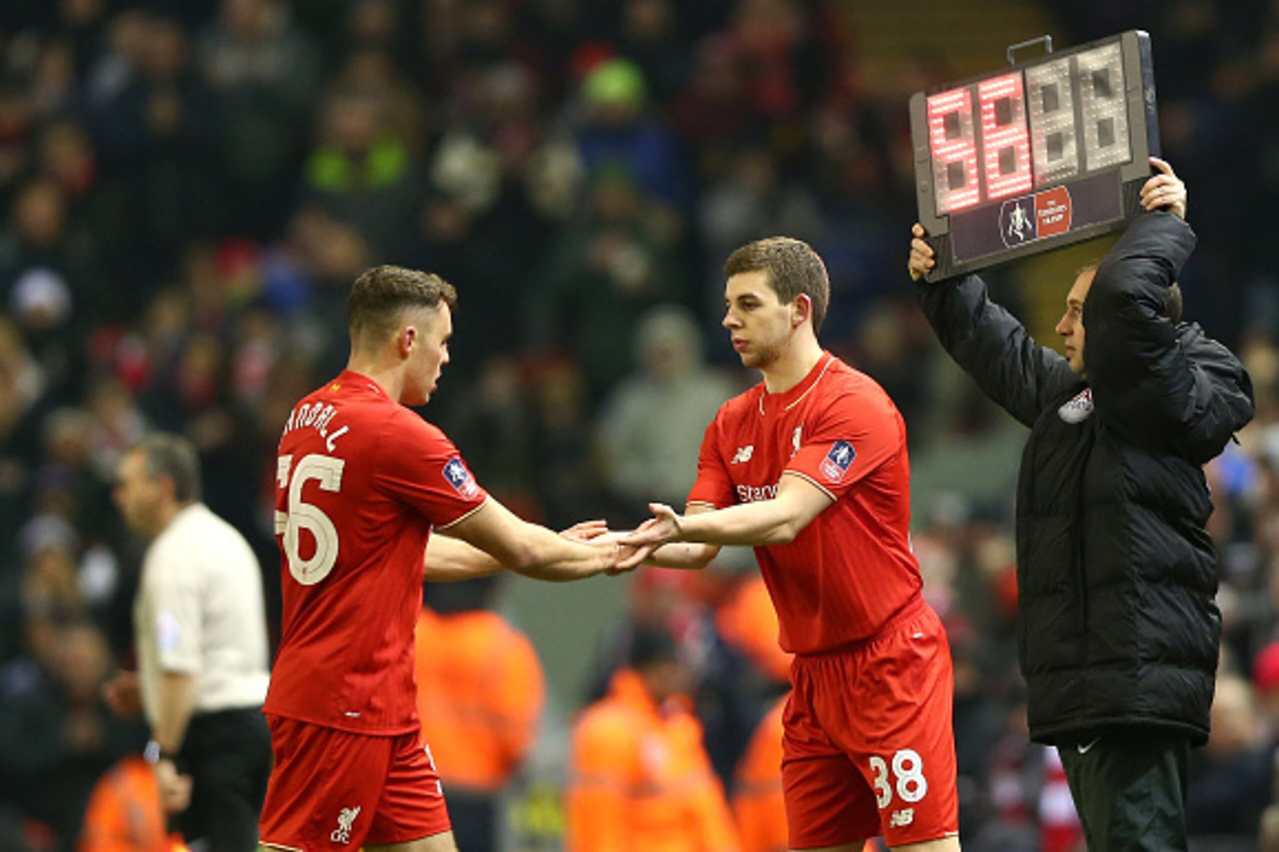 LIVERPOOL, ENGLAND - JANUARY 20:  Jon Flanagan of Liverpool (c) replaces Connor Randall of Liverpool during The Emirates FA Cup Third Round Replay match between Liverpool and Exeter City at Anfield on January 20, 2016 in Liverpool, England.  (Photo by Cli