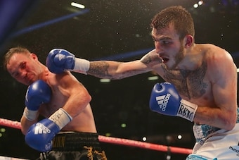 MANCHESTER, ENGLAND - JULY 18: Sam Eggington and Glenn Foot during their British Welterweight Championship at the Manchester Arena on July 18, 2015 in Manchester, England. (Photo by Dave Thompson/Getty Images)