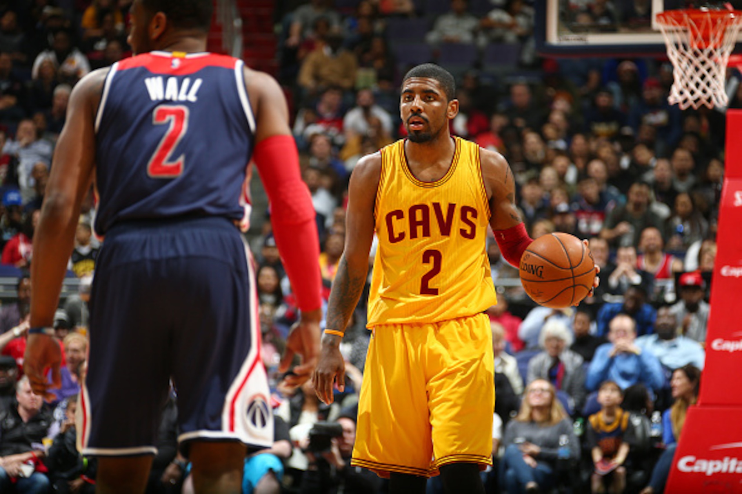 WASHINGTON, DC -  FEBRUARY 28:  Kyrie Irving #2 of the Cleveland Cavaliers handles the ball against the Washington Wizards on February 28, 2016 at Verizon Center in Washington, DC. NOTE TO USER: User expressly acknowledges and agrees that, by downloading 