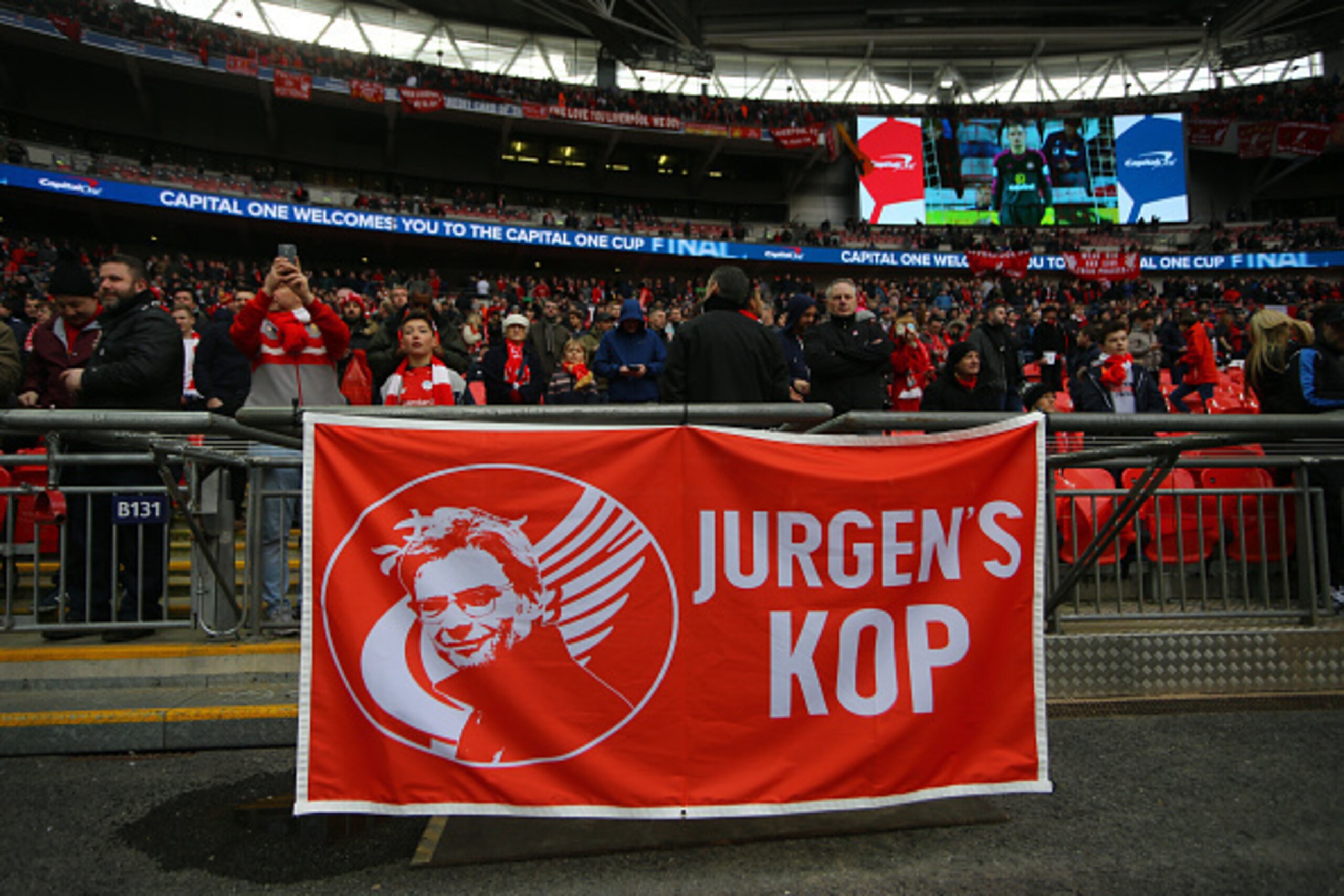 LONDON, ENGLAND - FEBRUARY 28 :  A banner saying Jurgens Kop in reference to Jurgen Klopp manager of Liverpool before the Capital One Cup Final match between Liverpool and Manchester City at Wembley Stadium on February 28, 2016 in London, England.  (Photo