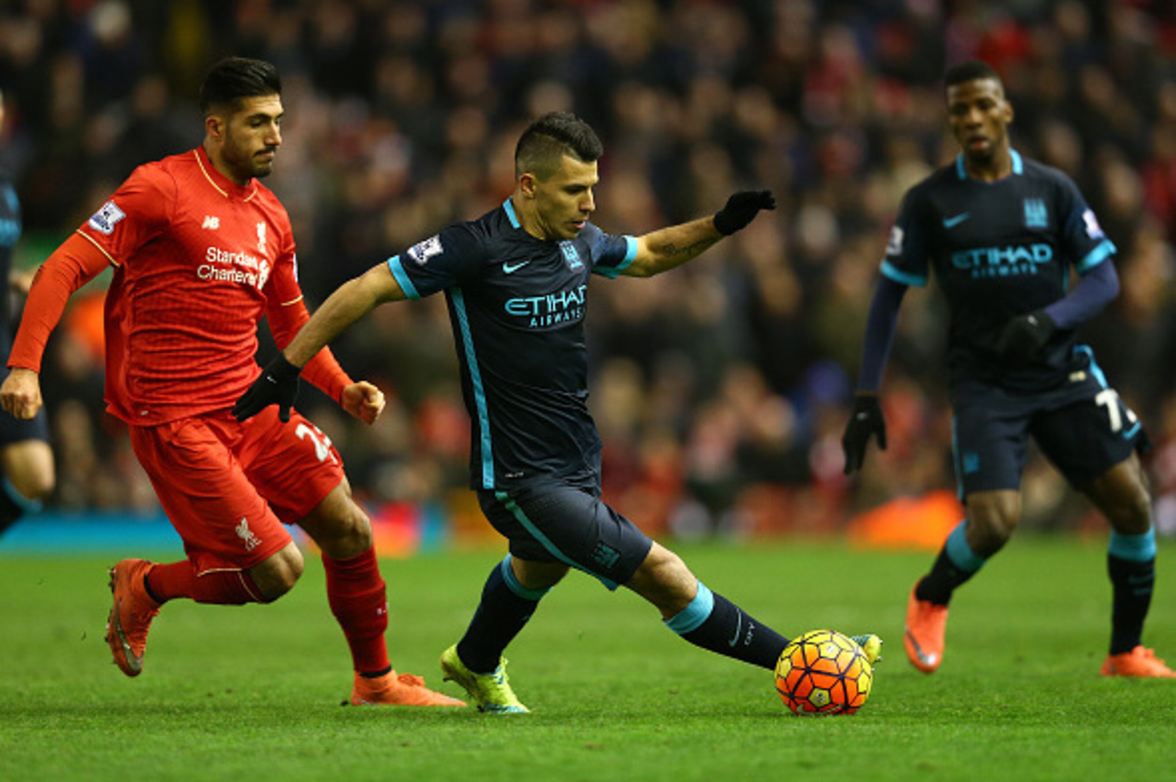 LIVERPOOL, ENGLAND - MARCH 02: Emre Can of Liverpool challenges Sergio Aguero of Manchester City during the Barclays Premier League match between Liverpool and Manchester City at Anfield on March 2, 2016 in Liverpool, England. (Photo by Clive Brunskill LIVERPOOL, ENGLAND - MARCH 02: Emre Can of Liverpool challenges Sergio Aguero of Manchester City during the Barclays Premier League match between Liverpool and Manchester City at Anfield on March 2, 2016 in Liverpool, England. (Photo by Clive Brunskill