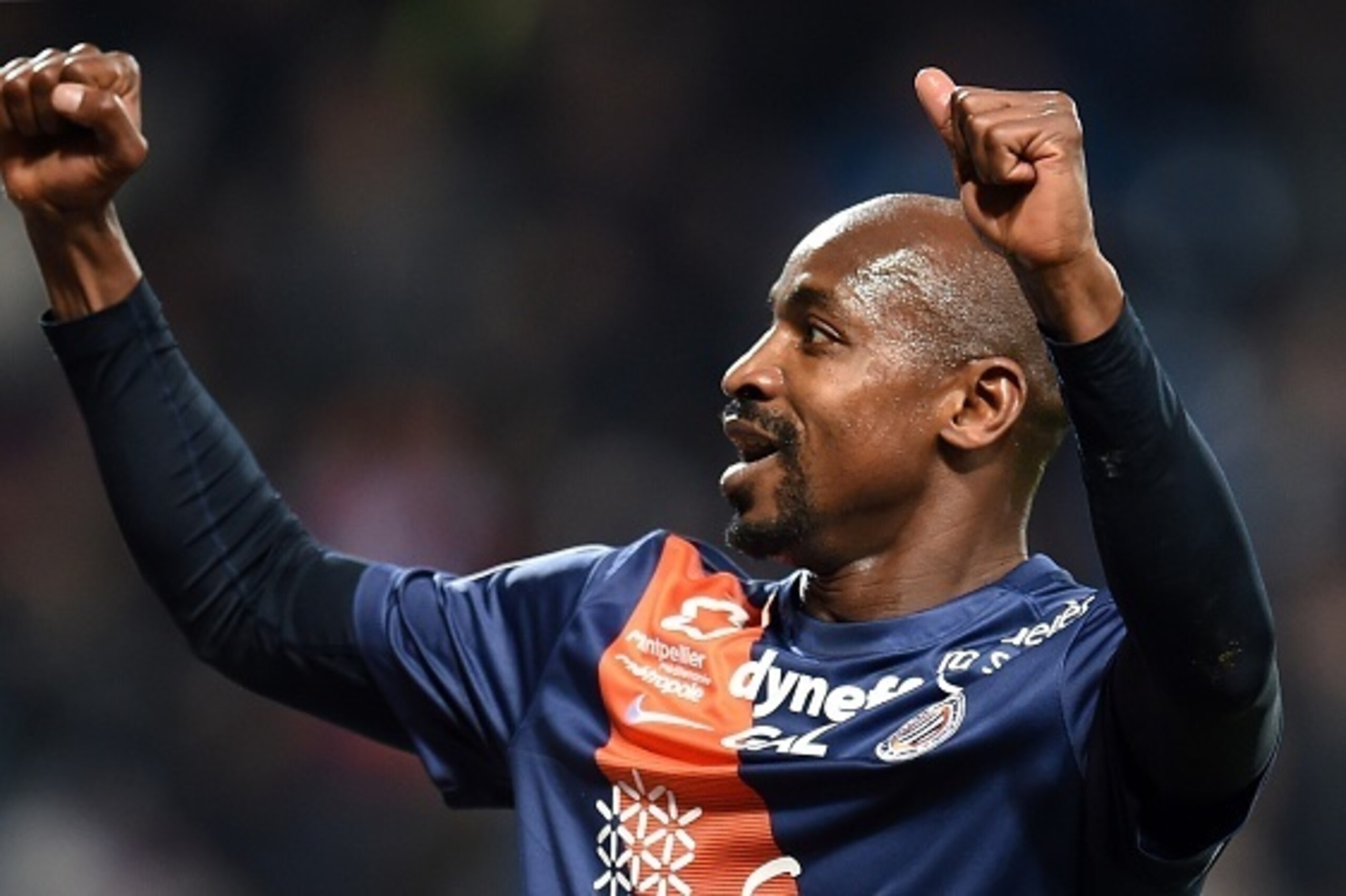 Montpellier's Senegalese forward Souleymane Camara reacts after scoring a goal during the French L1 football match between Montpellier and Guingamp, at the La Mosson Stadium in Montpellier, southern France, on December 12, 2015. AFP PHOTO / PASCAL GUYOT /