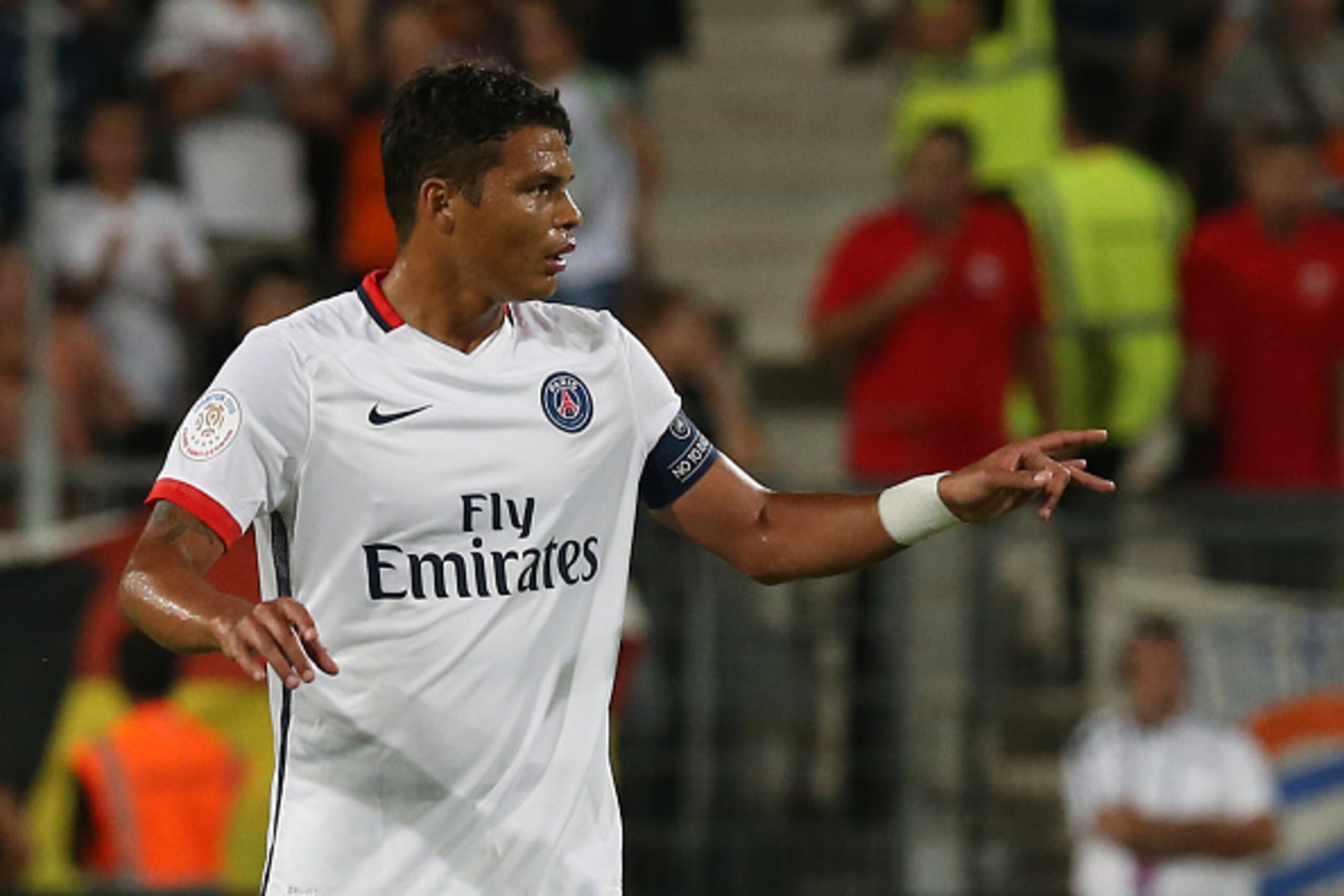 MONTPELLIER, FRANCE - AUGUST 21: Thiago Silva signals to his teammates during the French Ligue 1 match between Paris Saint Germain (PSG) and Montpeller Herault at Stade de la Mosson on August 21, 2015 in Montpellier, France.  (Photo by Romain Perrocheau/G