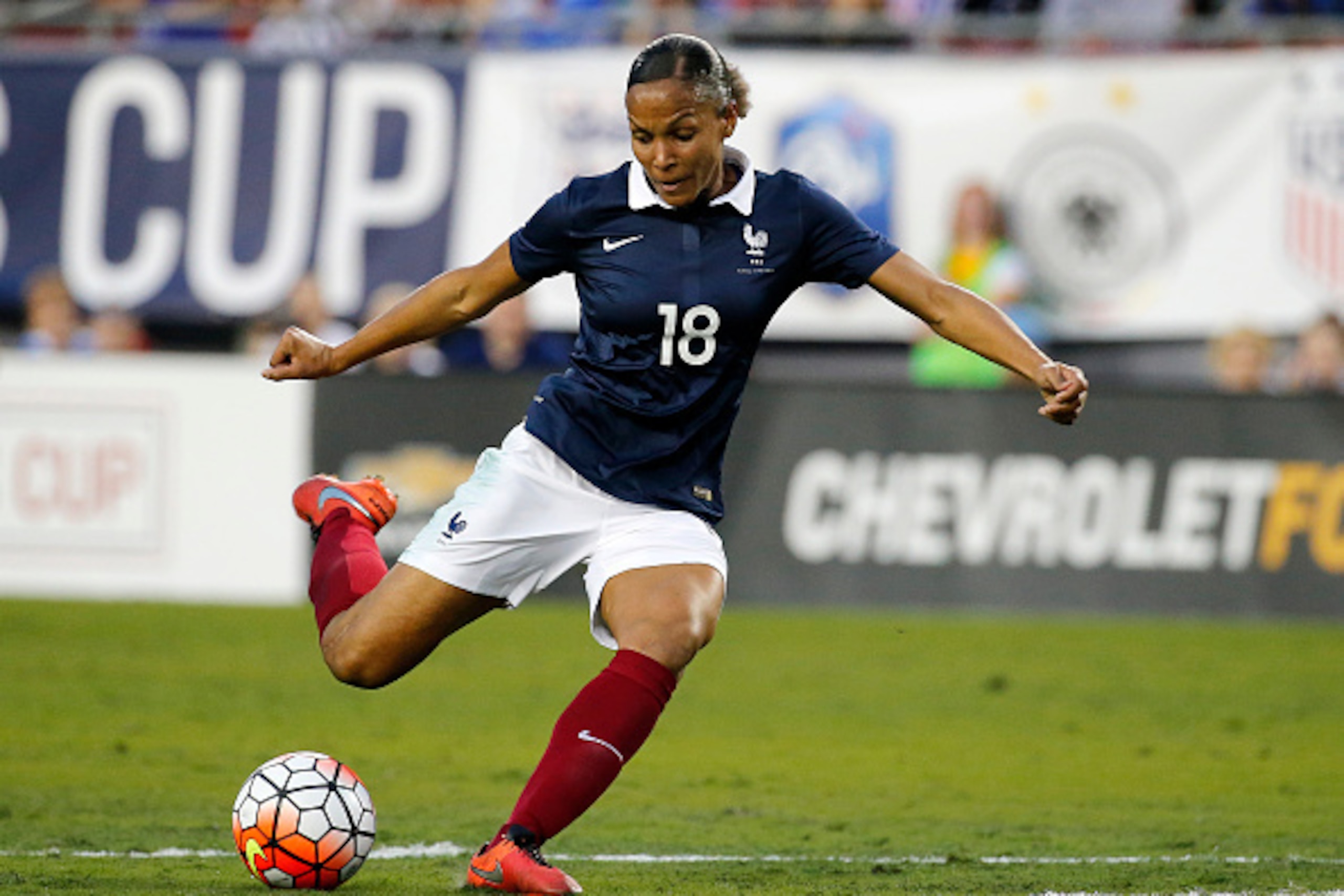 France's Marie-Laure Delie takes a corner kick against Germany during their first round SheBelieves Cup soccer match March 3, 2016 in Tampa, Florida. / AFP / RHONA WISE (Photo credit should read RHONA WISE/AFP/Getty Images) France's Marie-Laure Delie takes a corner kick against Germany during their first round SheBelieves Cup soccer match March 3, 2016 in Tampa, Florida. / AFP / RHONA WISE (Photo credit should read RHONA WISE/AFP/Getty Images)