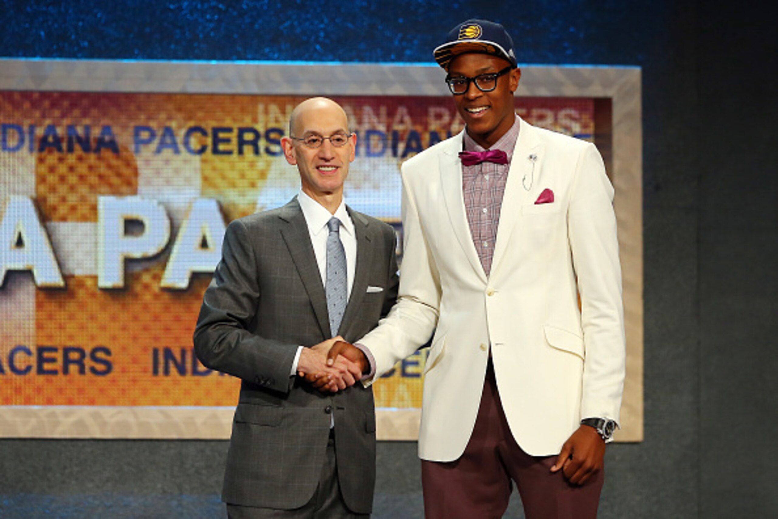 NEW YORK, NY - JUNE 25:  Myles Turner meets with Commissioner Adam Silver after being selected 11th overall by the Indiana Pacers in the First Round of the 2015 NBA Draft at the Barclays Center on June 25, 2015 in the Brooklyn borough of  New York City. N