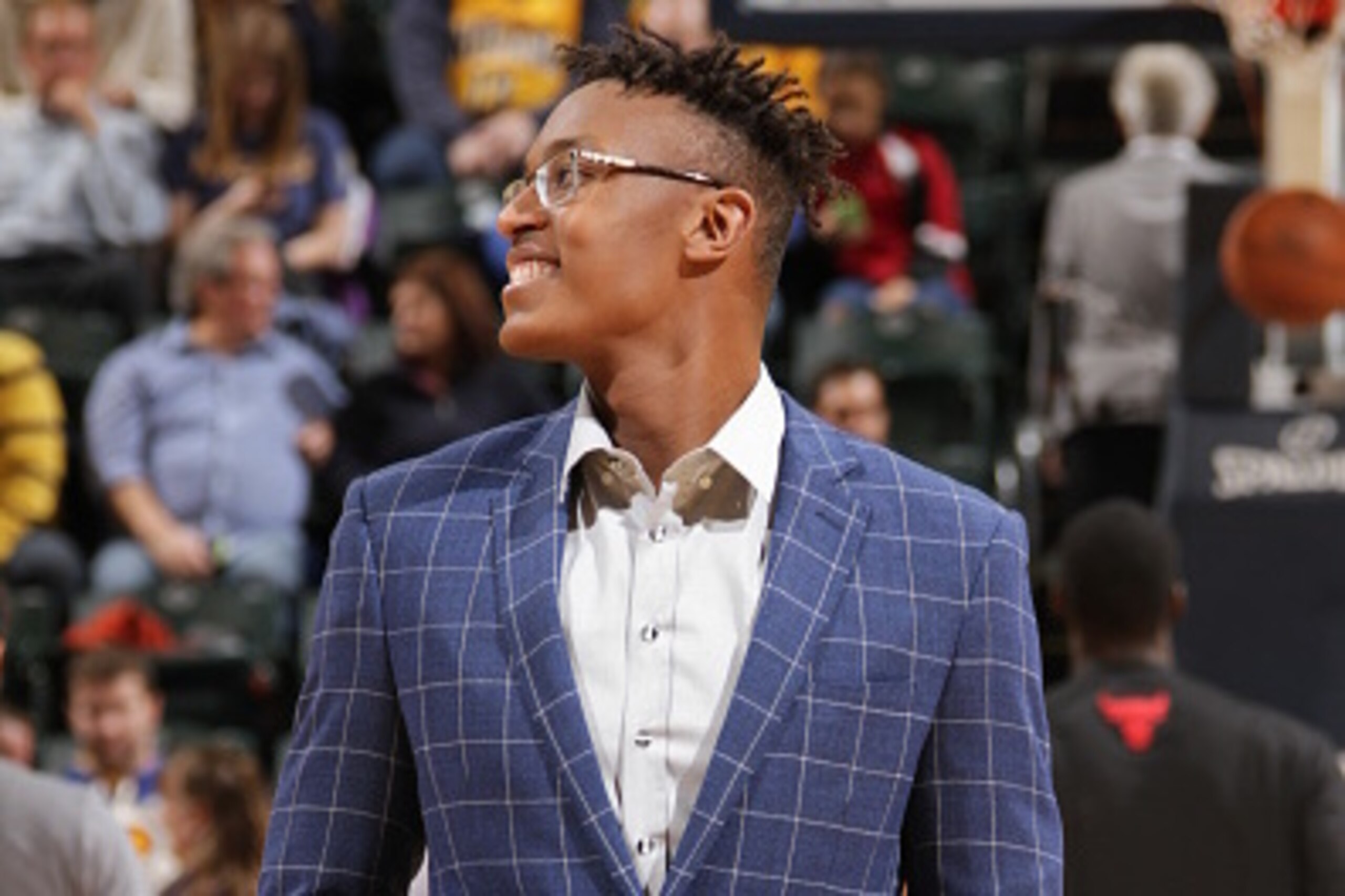INDIANAPOLIS, IN - NOVEMBER 27: Myles Turner #33 of the Indiana Pacers before the game against the Chicago Bulls on November 27, 2015 at Bankers Life Fieldhouse in Indianapolis, Indiana. NOTE TO USER: User expressly acknowledges and agrees that, by downlo