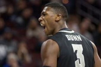 Jan 24, 2016; Villanova, PA, USA; Providence Friars guard Kris Dunn (3) reacts to a score against the Villanova Wildcats during the second half at Wells Fargo Center. The Providence Friars won 82-76 in overtime. Mandatory Credit: Bill Streicher-USA TODAY 