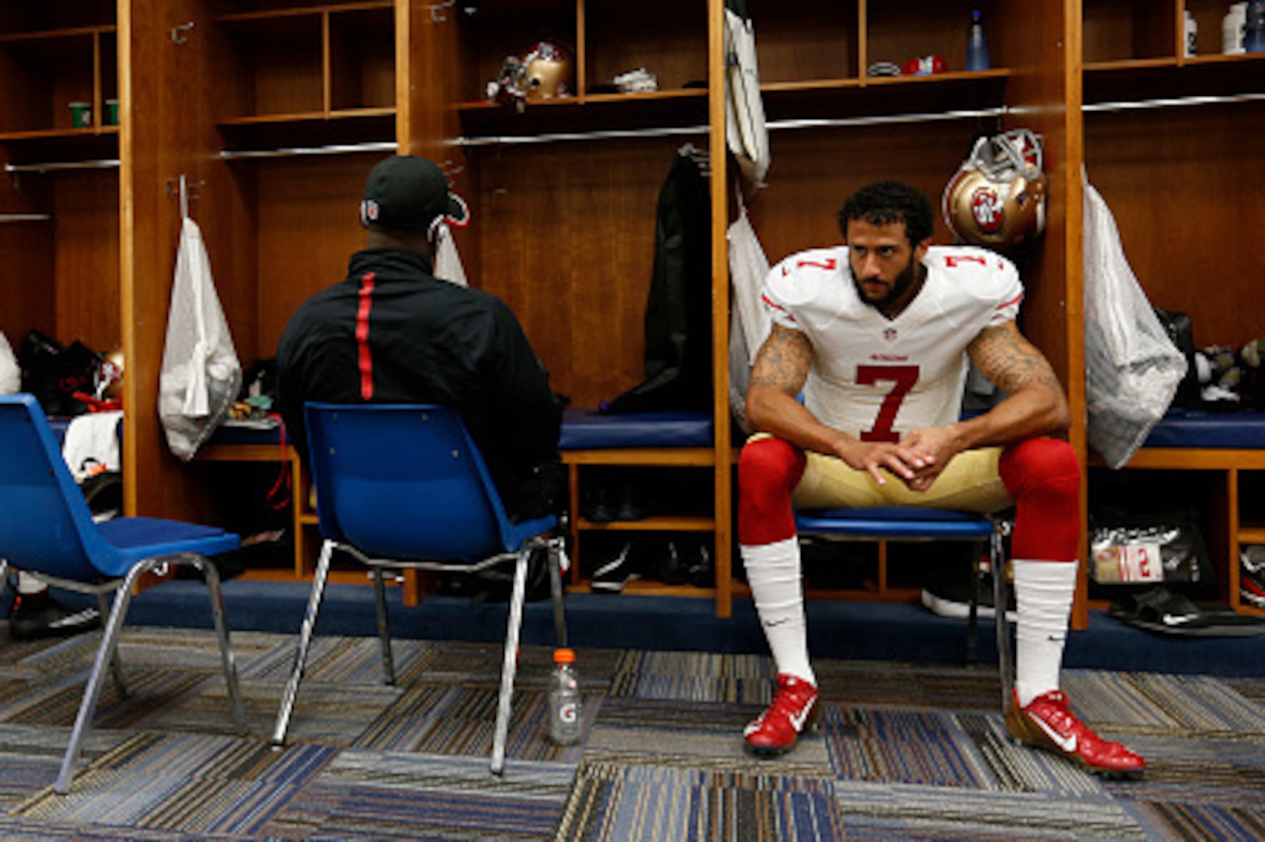 ST. LOUIS, MO - NOVEMBER 1: Colin Kaepernick #7 of the San Francisco 49ers relaxes in the locker room prior to the game against the St. Louis Rams at the Edward Jones Dome on November 1, 2015 in St. Louis, Missouri. The Rams defeated the 49ers 27-6. (Phot
