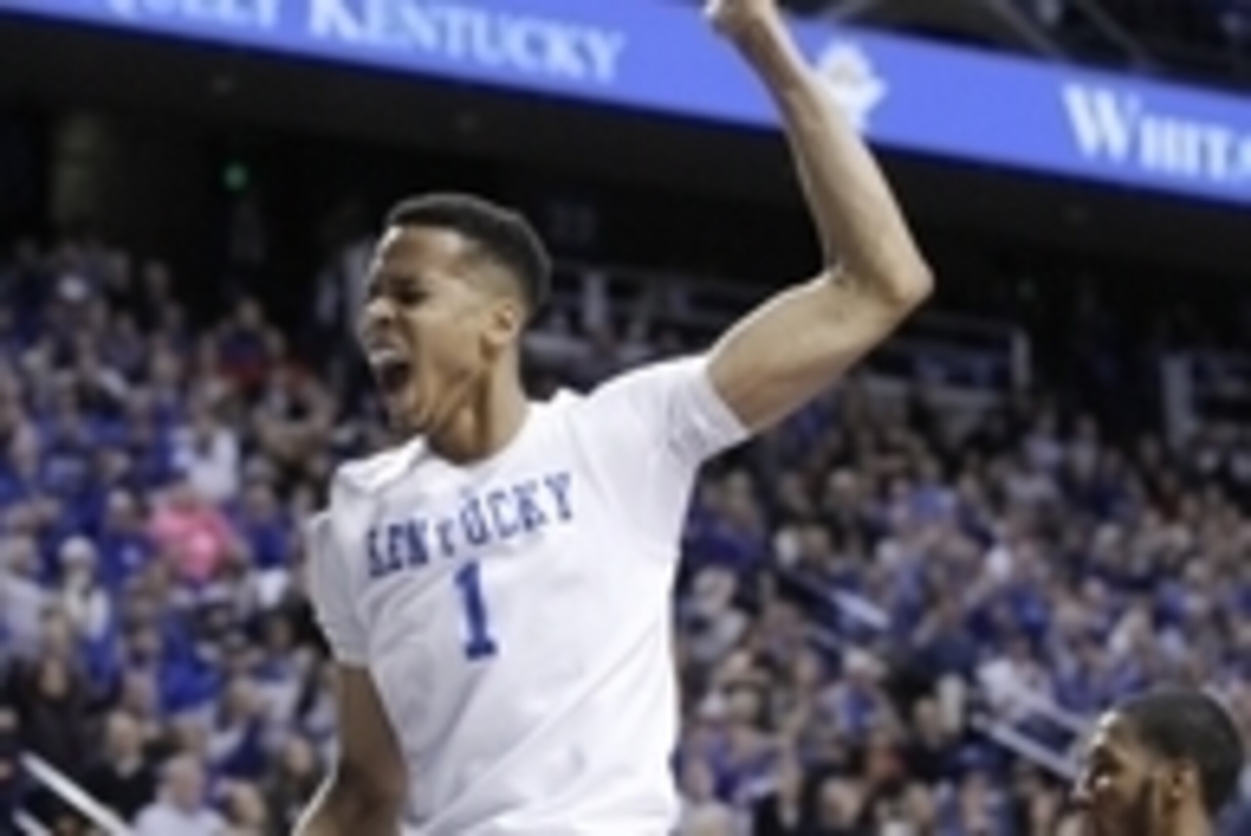 Feb 9, 2016; Lexington, KY, USA; Kentucky Wildcats forward Skal Labissiere (1) reacts after dunk the ball against the Georgia Bulldogs in the first half at Rupp Arena. Kentucky defeated Georgia 82-48. Mandatory Credit: Mark Zerof-USA TODAY Sports