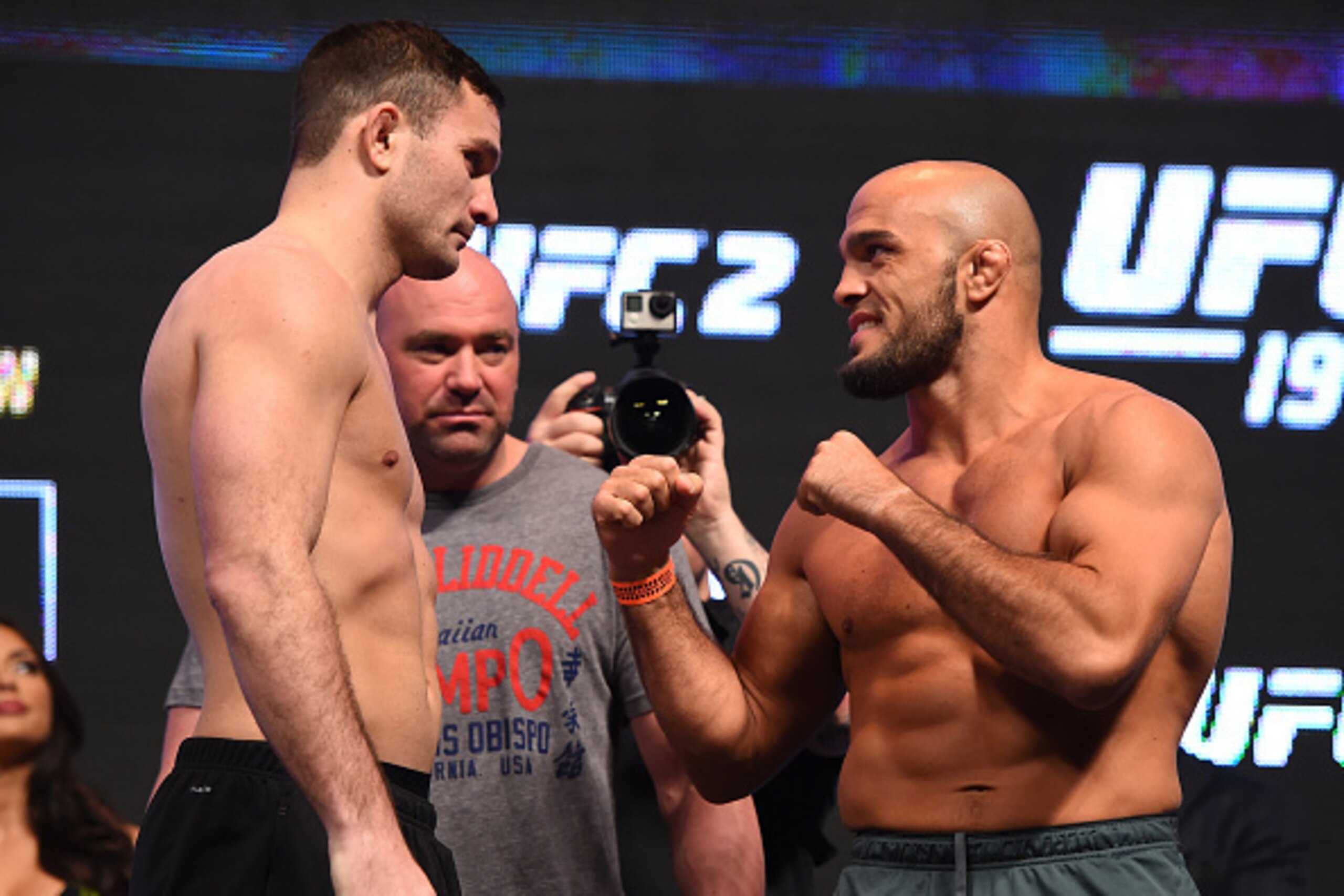 LAS VEGAS, NV - MARCH 04:  (L-R) Opponents Gian Villante and Ilir Latifi of Sweden face off during the UFC 196 Weigh-in at the MGM Grand Garden Arena on March 4, 2016 in Las Vegas, Nevada. (Photo by Josh Hedges/Zuffa LLC/Zuffa LLC via Getty Images)