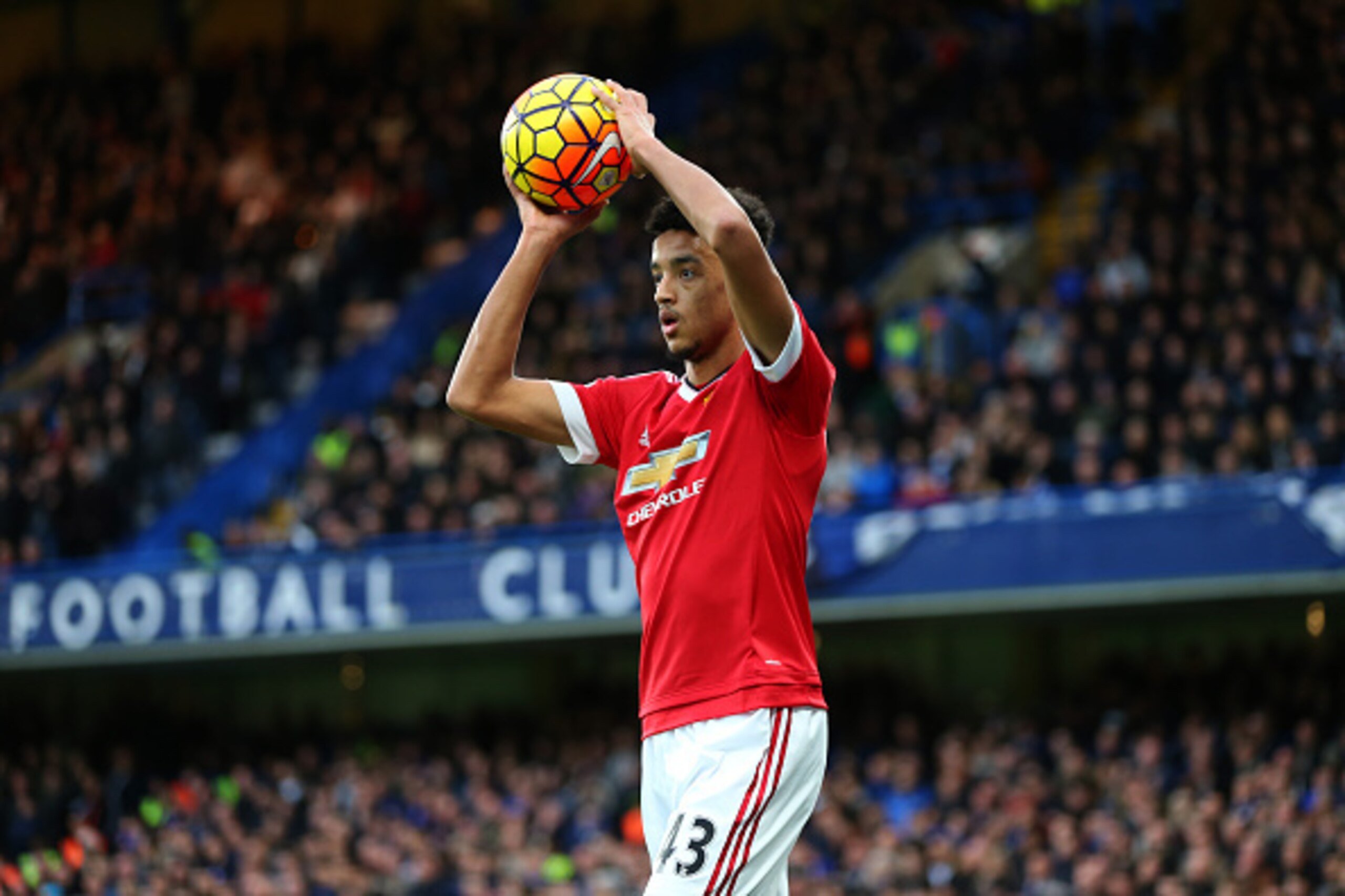 LONDON, ENGLAND - FEBRUARY 07 :  Cameron Borthwick-Jackson of Manchester United takes a throw in during the Barclays Premier League match between Chelsea and Manchester United at Stamford Bridge on February 7, 2016 in London, England.  (Photo by Catherine