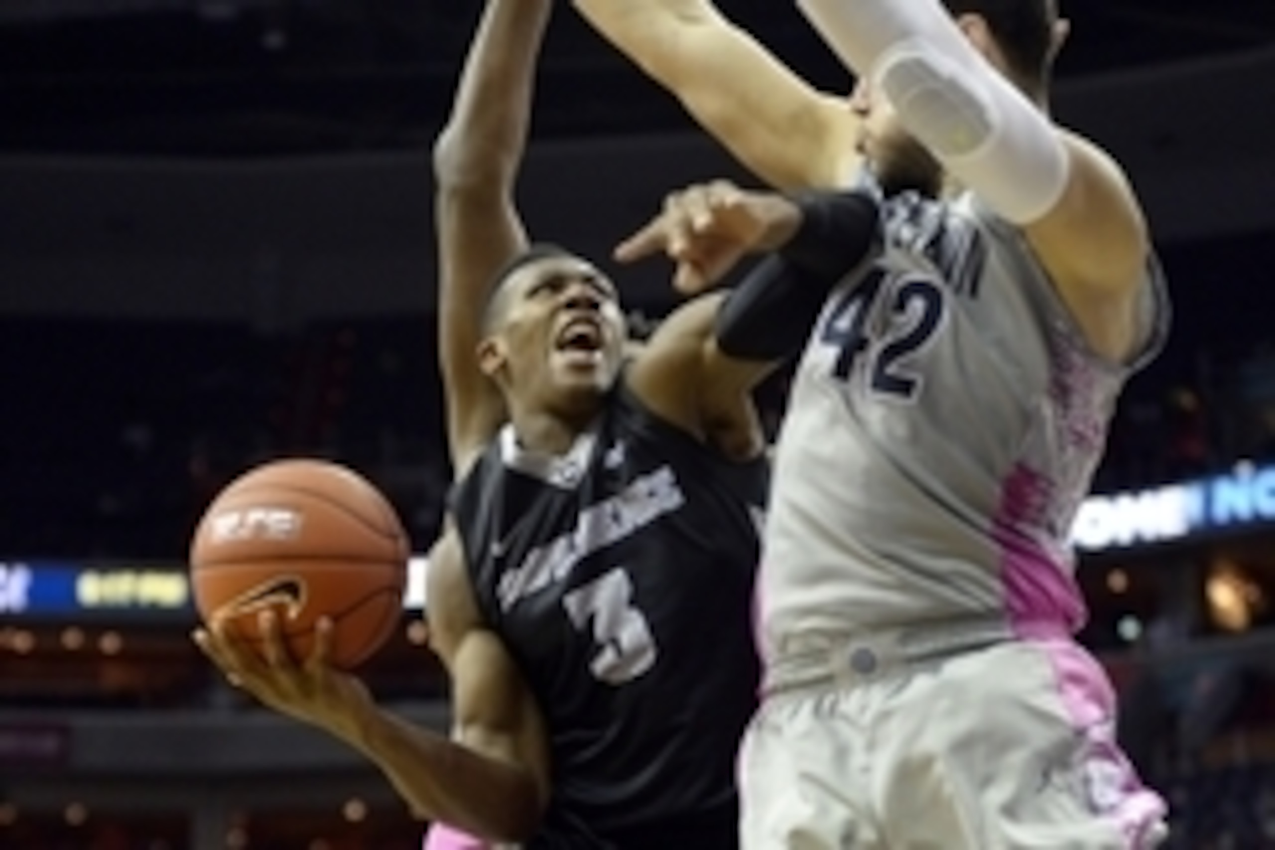 Jan 30, 2016; Washington, DC, USA; Providence Friars guard Kris Dunn (3) look to shoot as Georgetown Hoyas center Bradley Hayes (42) defends during the second half at Verizon Center. Providence Friars defeated Georgetown Hoyas 73-69. Mandatory Credit: Tom Jan 30, 2016; Washington, DC, USA; Providence Friars guard Kris Dunn (3) look to shoot as Georgetown Hoyas center Bradley Hayes (42) defends during the second half at Verizon Center. Providence Friars defeated Georgetown Hoyas 73-69. Mandatory Credit: Tom