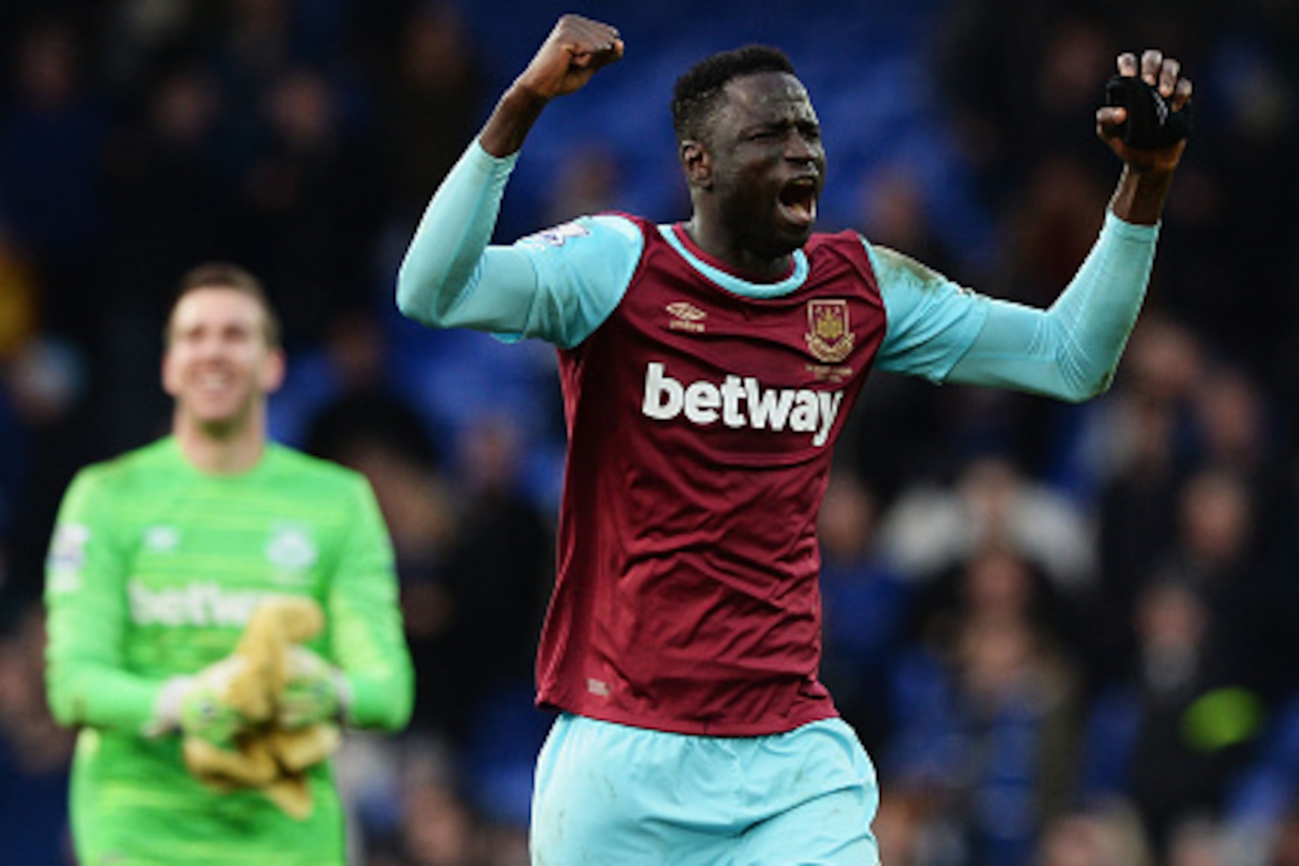LIVERPOOL, ENGLAND - MARCH 05: Cheikhou Kouyate of West Ham United celebrates his team's win in the Barclays Premier League match between Everton and West Ham United at Goodison Park on March 5, 2016 in Liverpool, England.  (Photo by Gareth Copley/Getty I