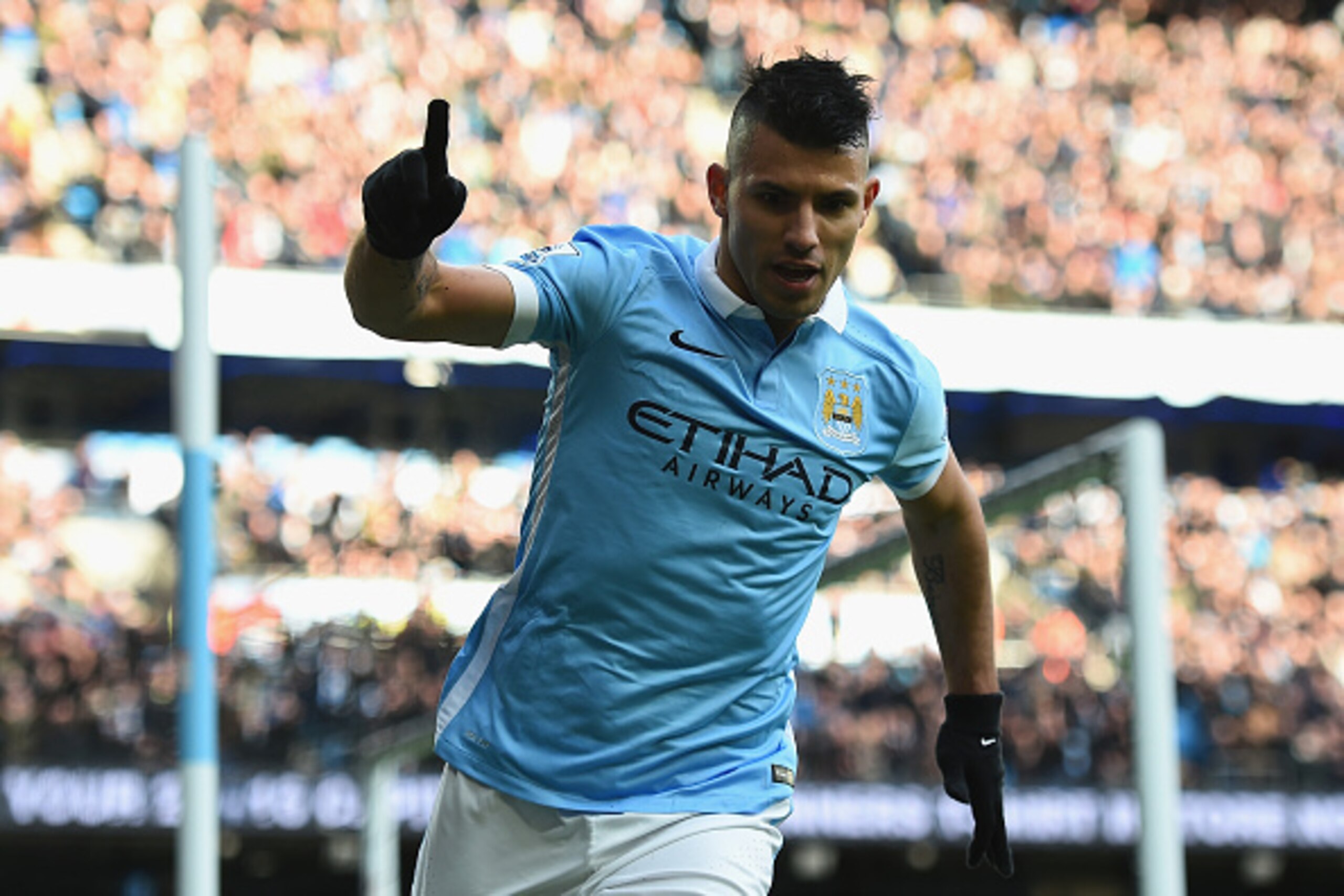 MANCHESTER, ENGLAND - MARCH 05:  Sergio Aguero of Manchester City celebrates scoring his team's third goal during the Barclays Premier League match between Manchester City and Aston Villa at Etihad Stadium on March 5, 2016 in Manchester, England.  (Photo 