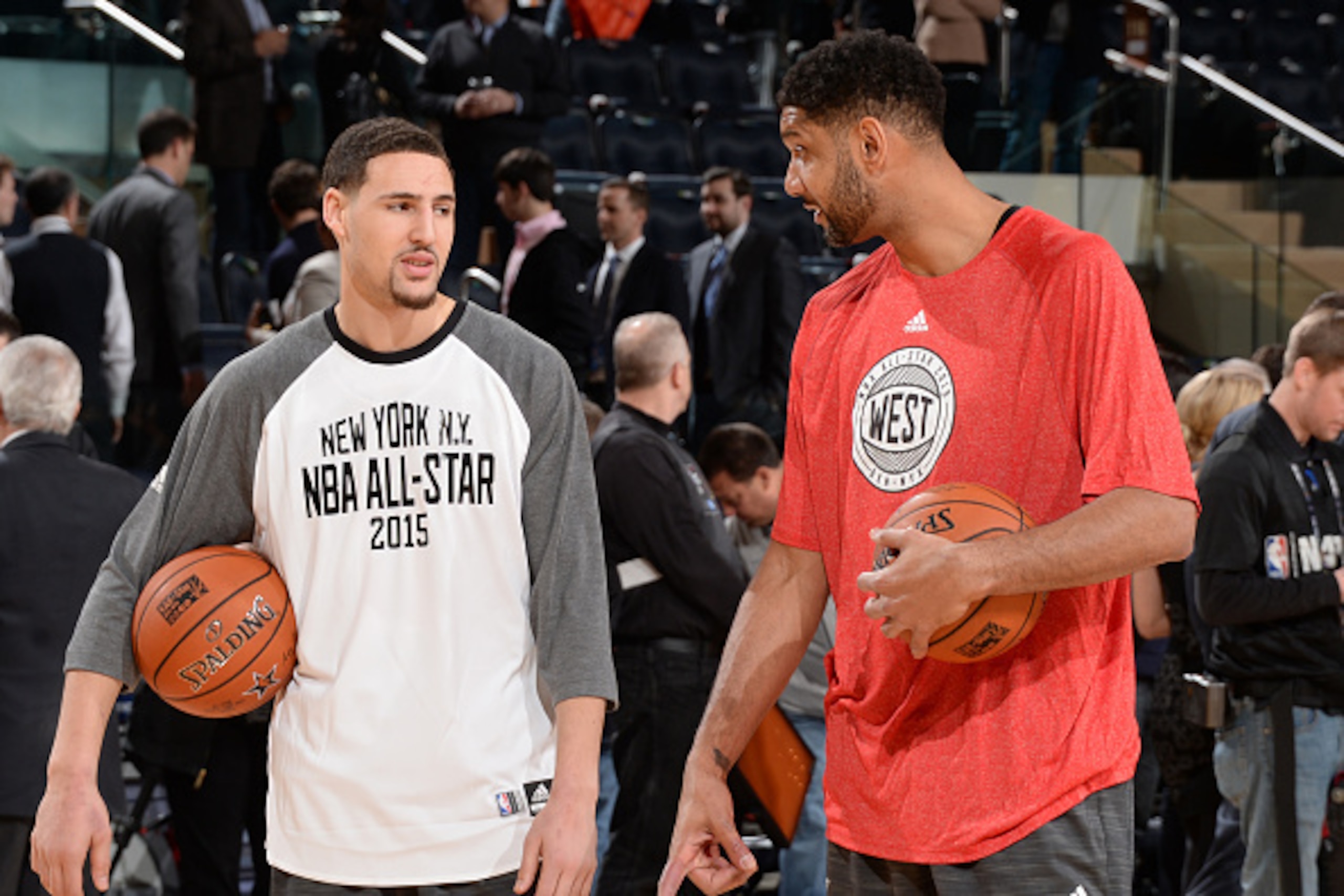 NEW YORK, NY - FEBRUARY 15:  Klay Thompson #11 and Tim Duncan #21 of the Western Conference greet each other before the 64th NBA All-Star Game presented by KIA as part of the 2015 NBA All-Star Weekend on February 15, 2015 at Madison Square Garden in New Y