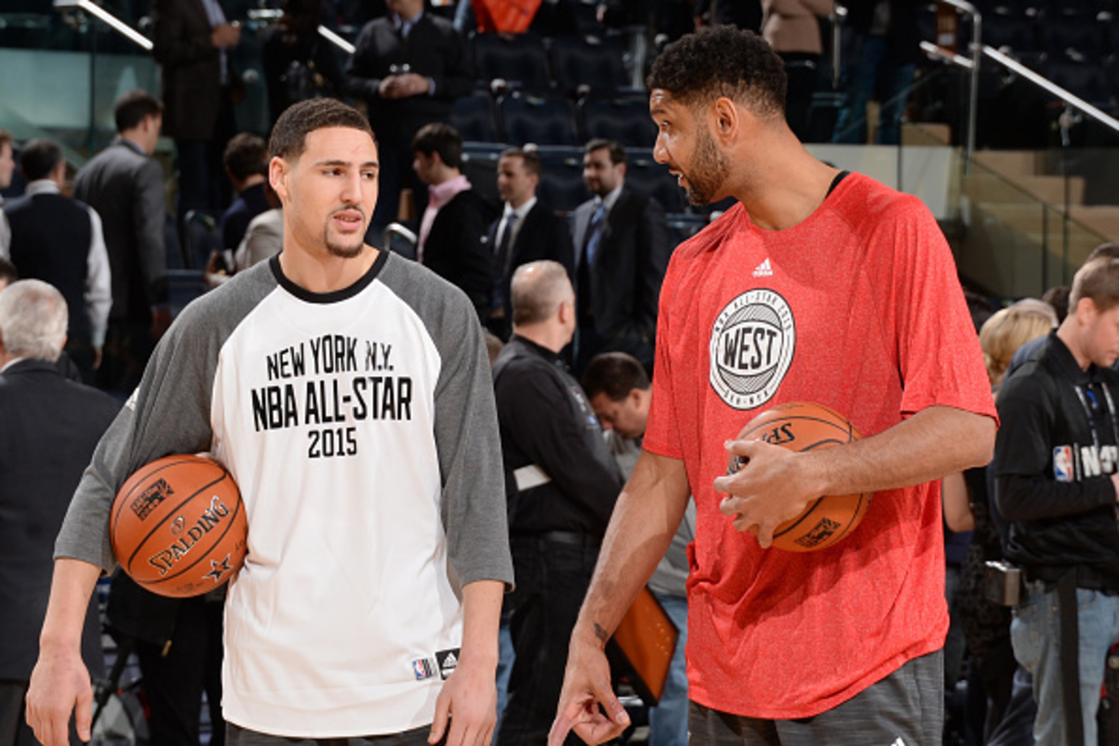 NEW YORK, NY - FEBRUARY 15:  Klay Thompson #11 and Tim Duncan #21 of the Western Conference greet each other before the 64th NBA All-Star Game presented by KIA as part of the 2015 NBA All-Star Weekend on February 15, 2015 at Madison Square Garden in New Y