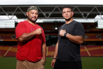 BRISBANE, AUSTRALIA - FEBRUARY 02:  UFC Fighters Mark Hunt and Frank Mir face off during a media opportunity at Suncorp Stadium on February 2, 2016 in Brisbane, Australia. (Photo by Chris Hyde/Getty Images)