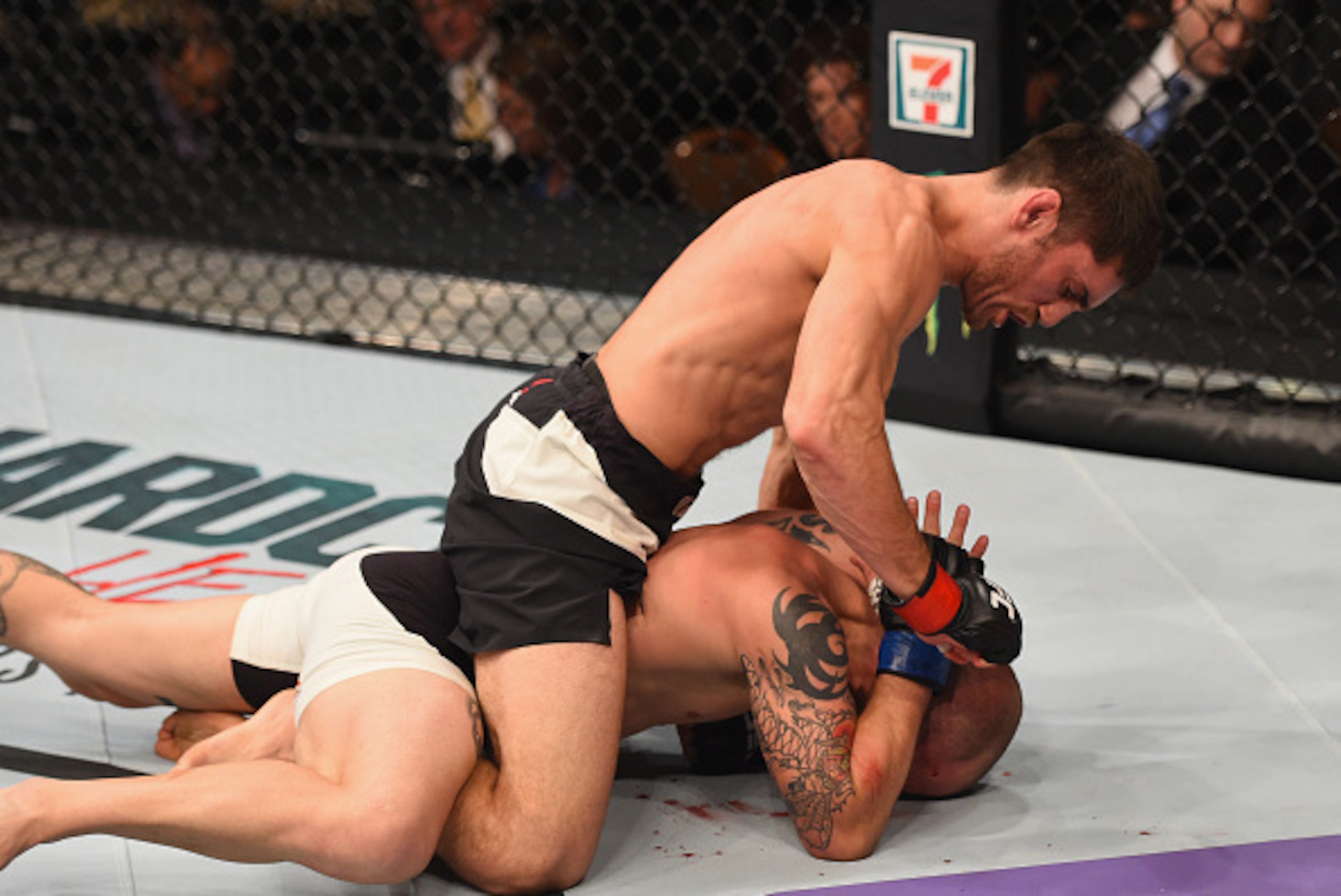 LAS VEGAS, NV - MARCH 05: Jason Saggo of Canada (top) punches Justin Salas in their lightweight bout during the UFC 196 event inside MGM Grand Garden Arena on March 5, 2016 in Las Vegas, Nevada.  (Photo by Josh Hedges/Zuffa LLC/Zuffa LLC via Getty Images)