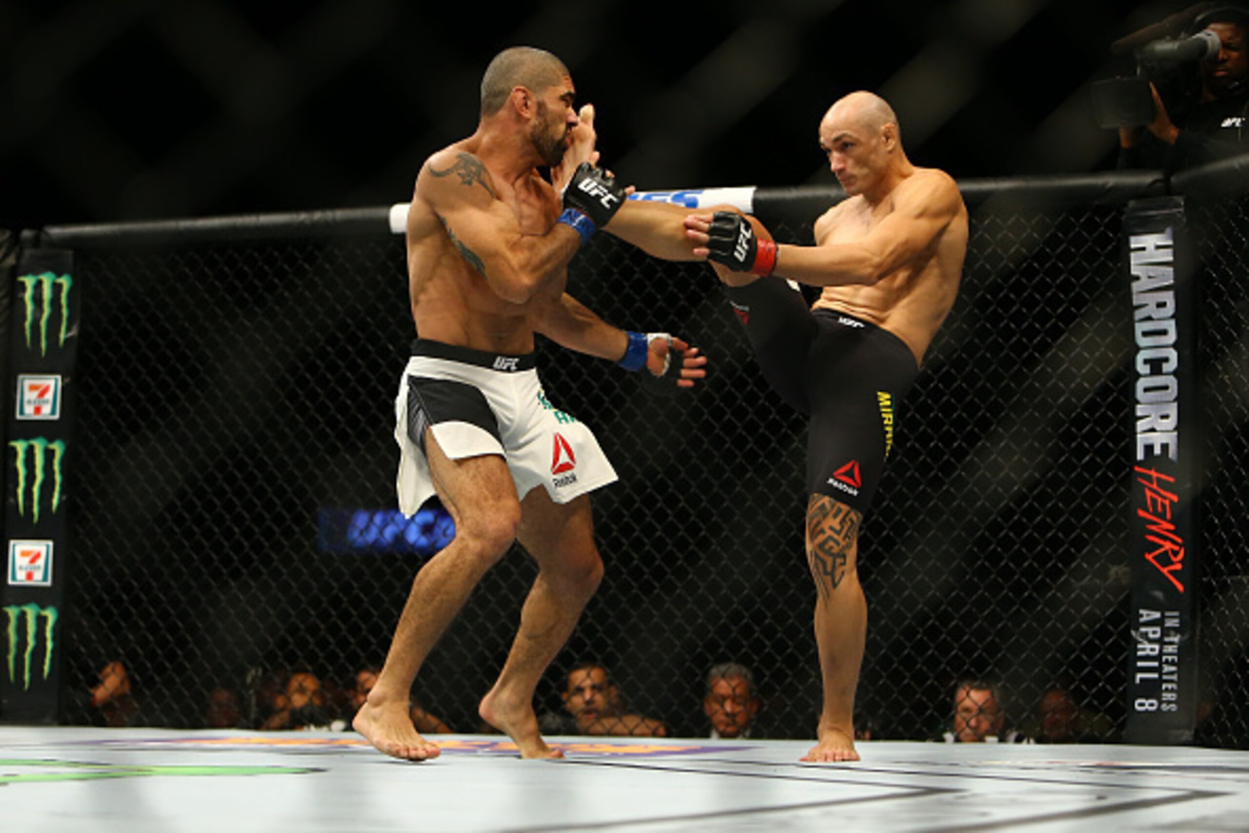 LAS VEGAS, NV - MARCH 5:   Vitor Miranda (R) kicks Marcelo Guimaraes at the MGM Grand Garden Arena on March 5, 2016 in Las Vegas, Nevada. (Photo by Rey Del Rio/Getty Images)