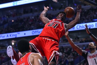 Mar 5, 2016; Chicago, IL, USA;  Chicago Bulls guard Jimmy Butler (21) misses a dunk against the Houston Rockets during the second quarter at the United Center. Mandatory Credit: Mike DiNovo-USA TODAY Sports